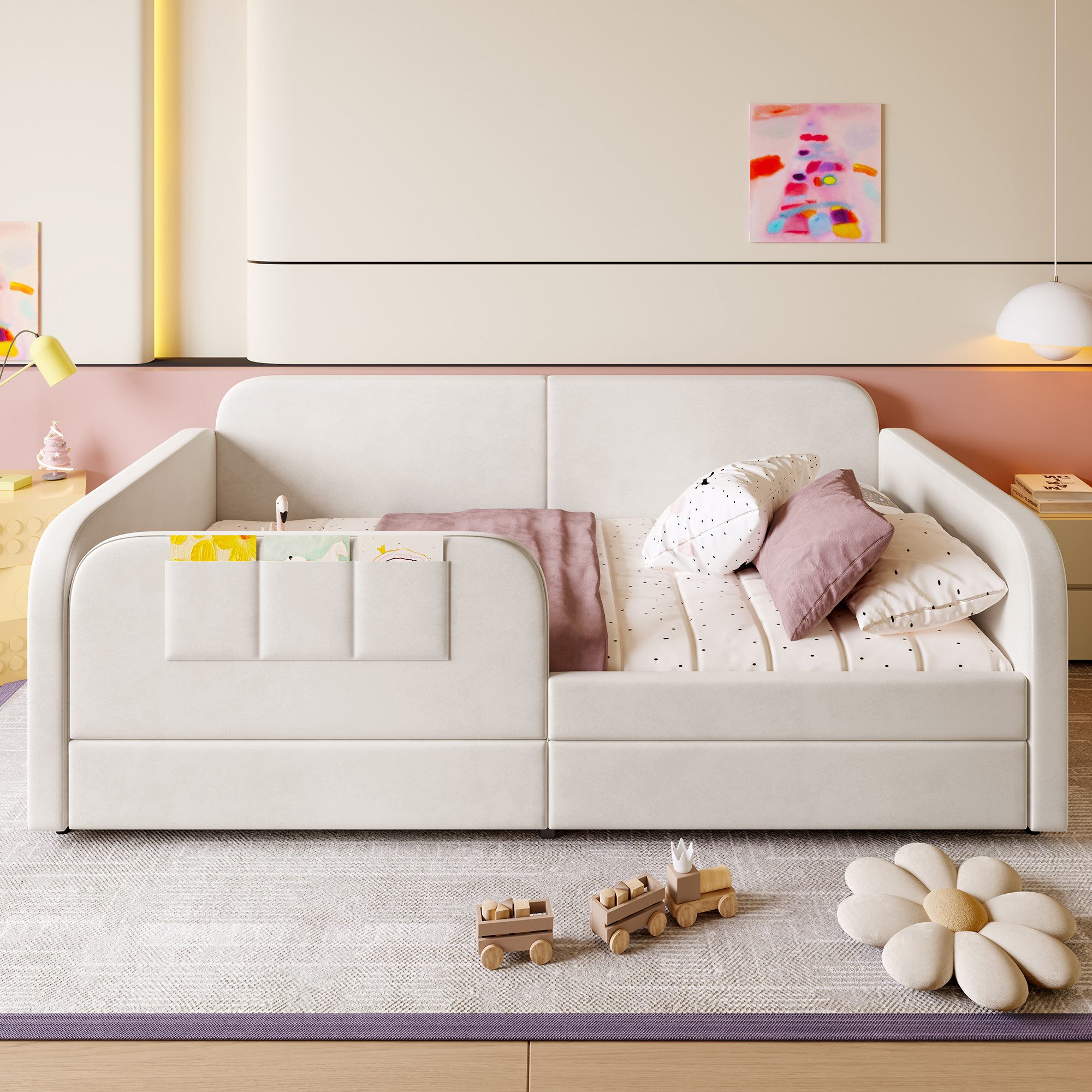 Flieks Kinderbett, Polsterbett Spleißbett 90x200cm mit 3 Stauraumtaschen und 2 Schubladen