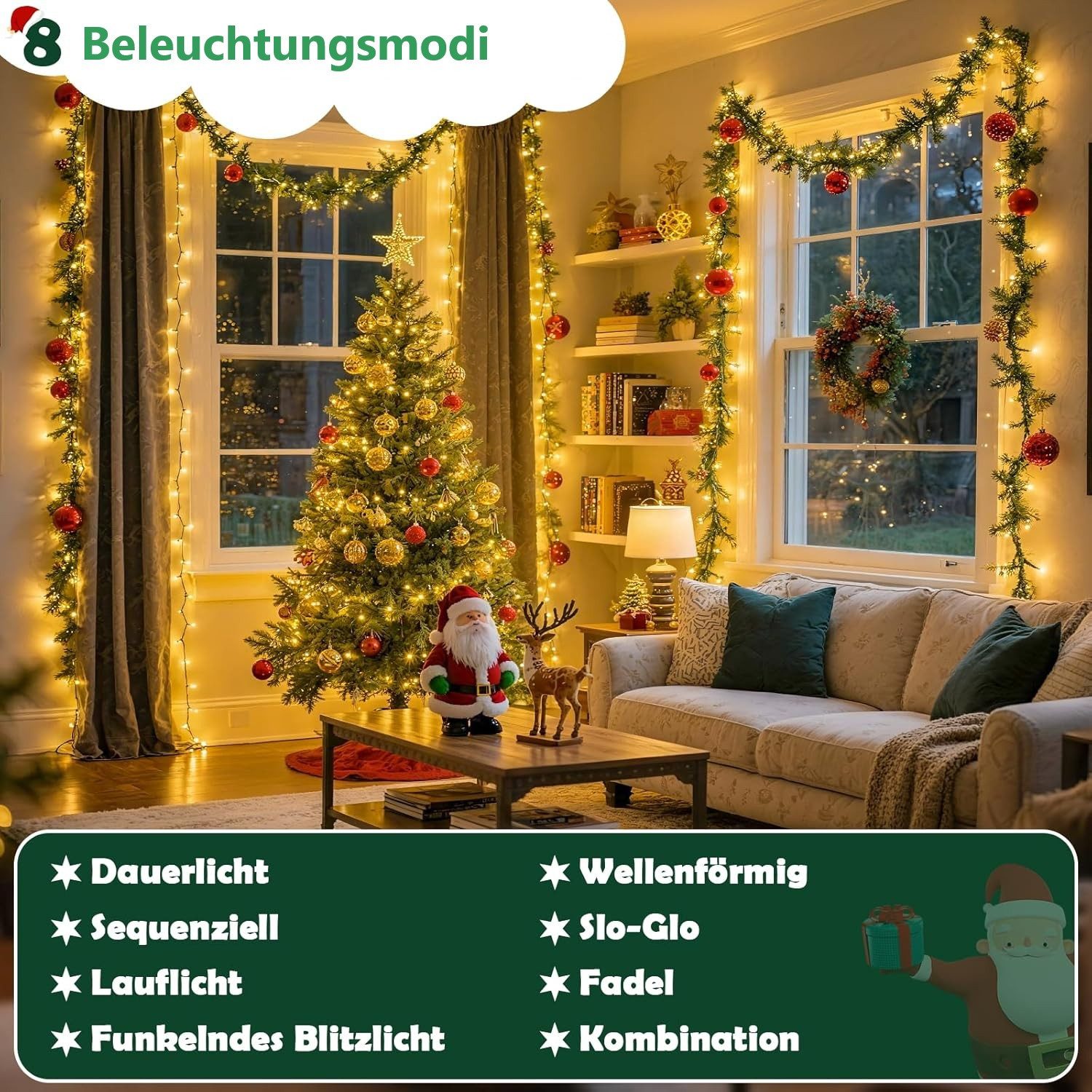 Montegoni LED-Lichterkette 10m 100 LEDs Lichterkette warmweiß, Weihnachtsdeko, IP65 Wasserdicht, 8 Lichtmodi, Ferbedienung mit Timer und Memory Funktion, IP65