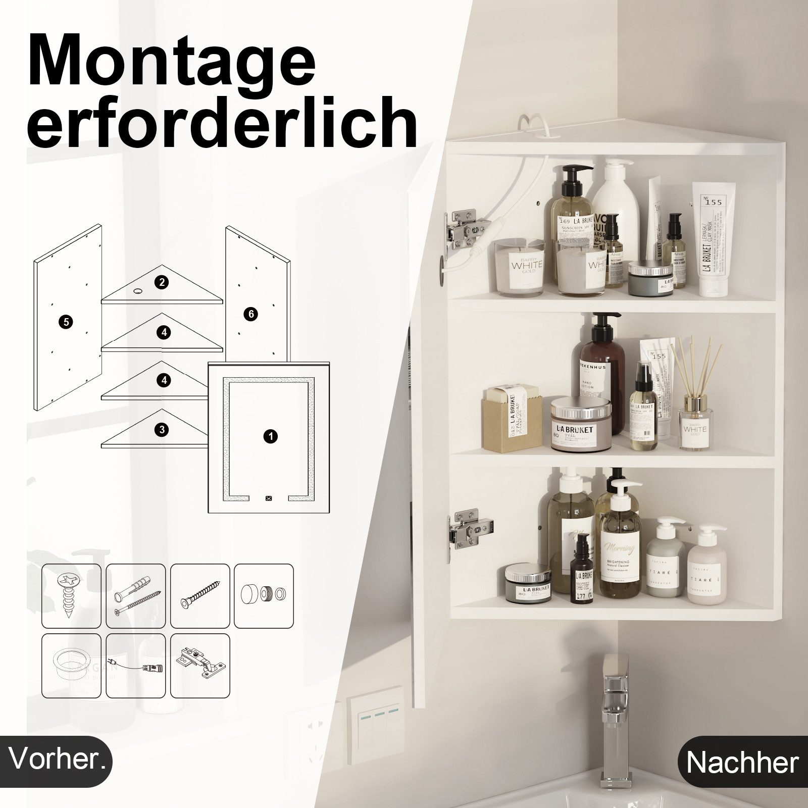 radelldar Eckschrank mit LED-Beleuchtung & HD-Spiegel – 3 Stauraumfächer (1-St) Badezimmerspiegelschrank rechteckig 42x60 cm – Bild 4 von 5