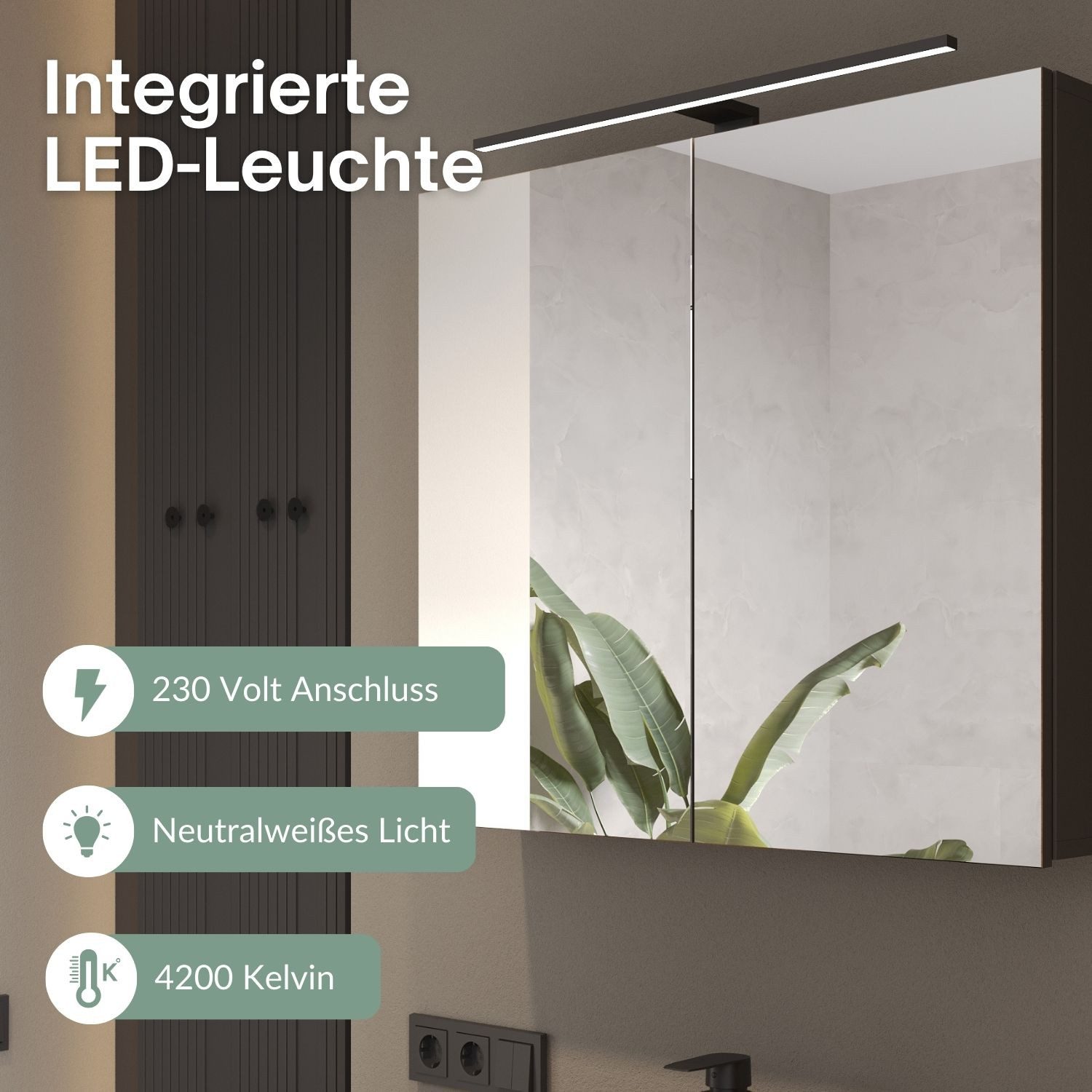 Planetmöbel Spiegelschrank ARIA Badschrank 80 cm mit Beleuchtung & Steckdose, Glaseinlegeböden (Spiegelschrank Bad mit Beleuchtung 80 x 70 x 16 cm, 3-St., Badsp – Bild 5 von 5