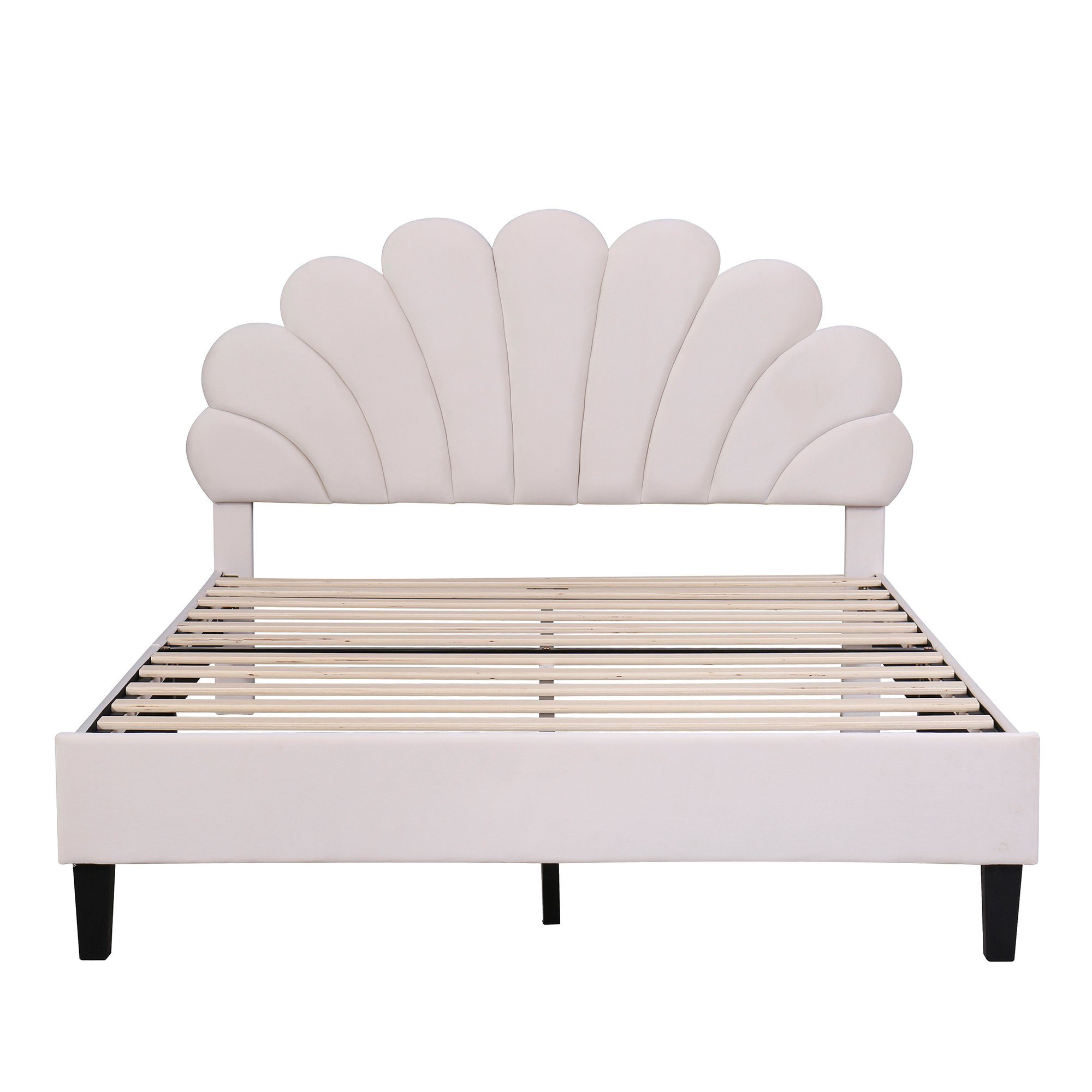 Polsterbett (Doppelbett), Kinderbett mit Blumenform-Kopfteil, Samt, 140x200cm