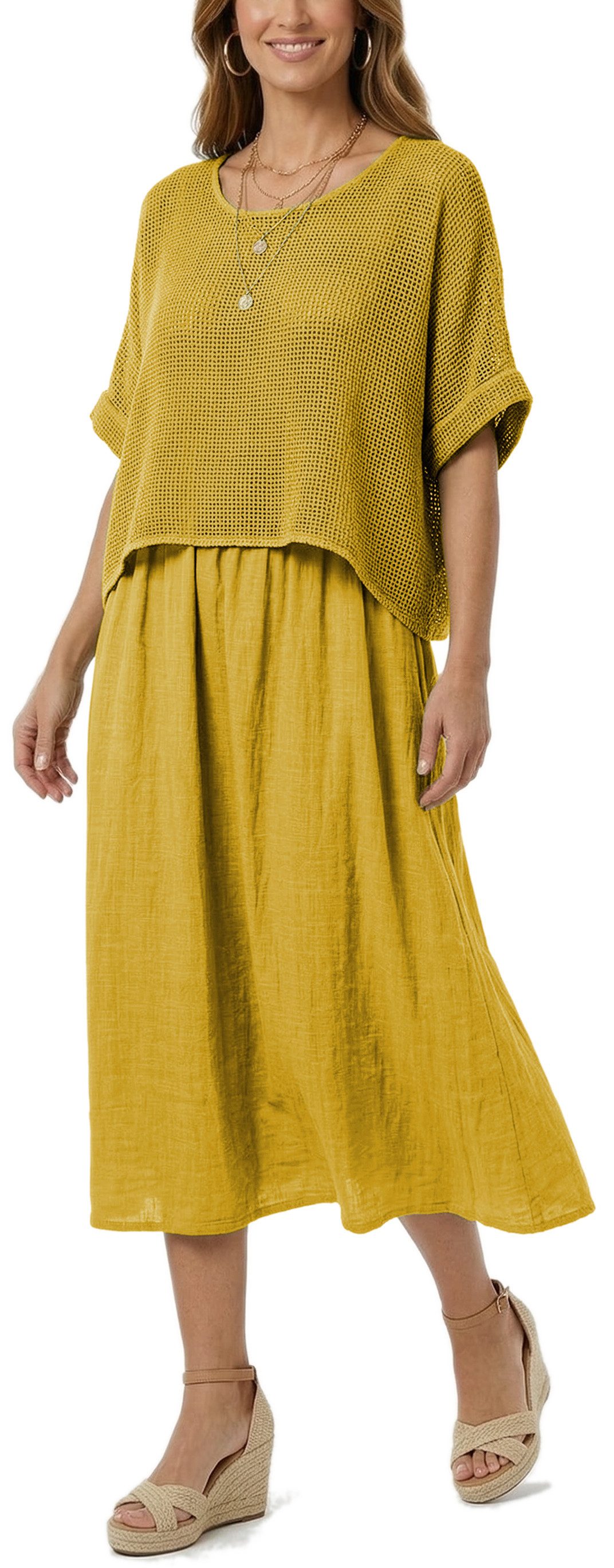dy_mode Sommerkleid Damen Sommerkleid Midikleid in Zweiteiler-Optik Lagenlook Kleid in Unifarben, Zweiteiler-Optik