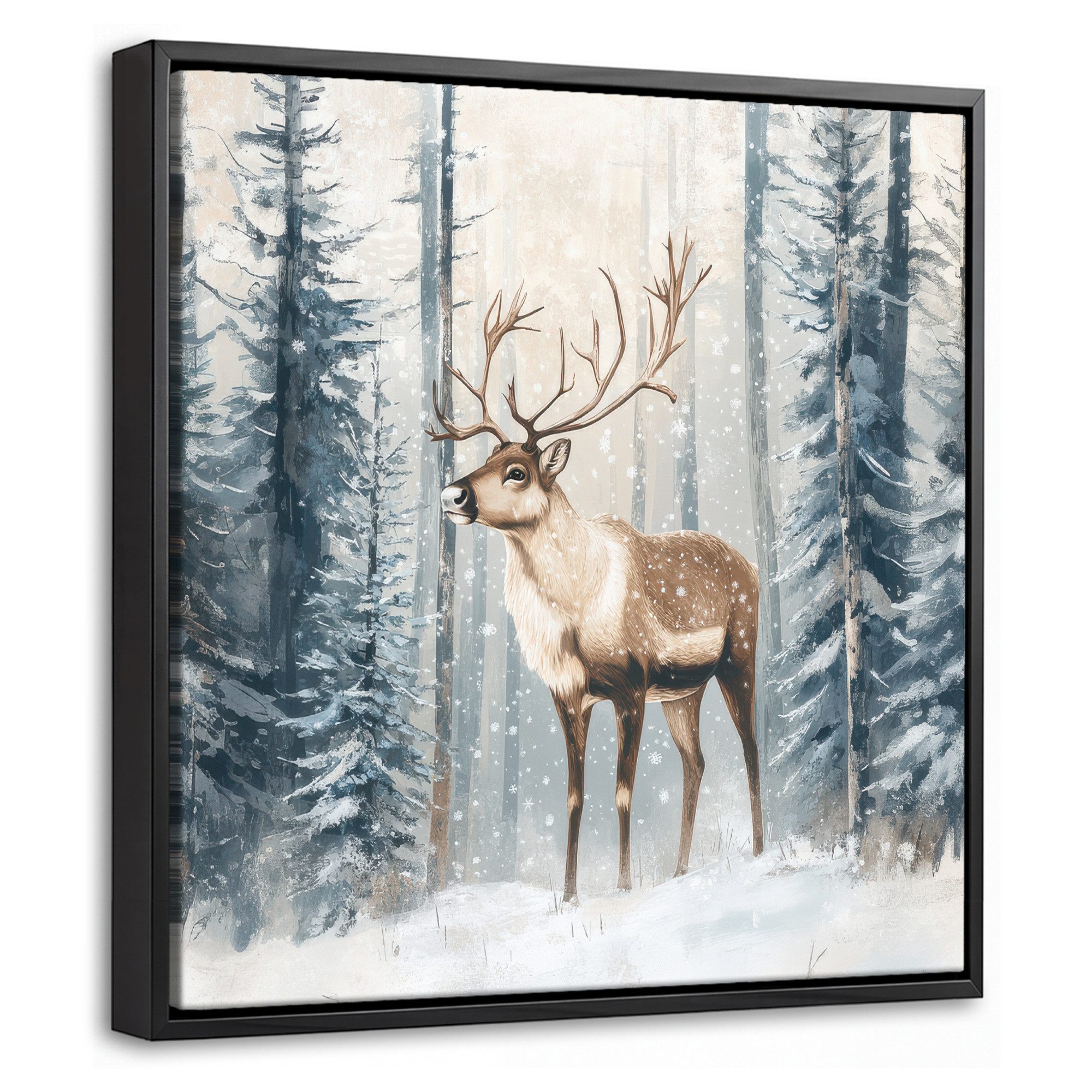 OneMillionCanvasses® Leinwandbild mit Rahmen - Rentier - Schnee - Wald - Weiß, Fotodruck (1 St), Leinwand Bilder Klein, Wand Dekoration Aesthetic 20x20cm