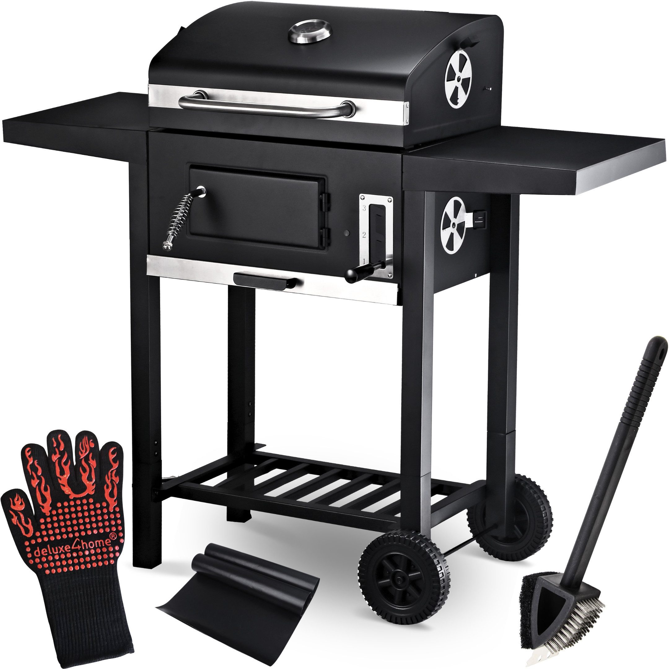 deluxe4home Holzkohlegrill Grillwagen XXL mit Deckel I Grill Rollbar mit Seitenablage I Rollgrill, inkl. Grillhandschuh