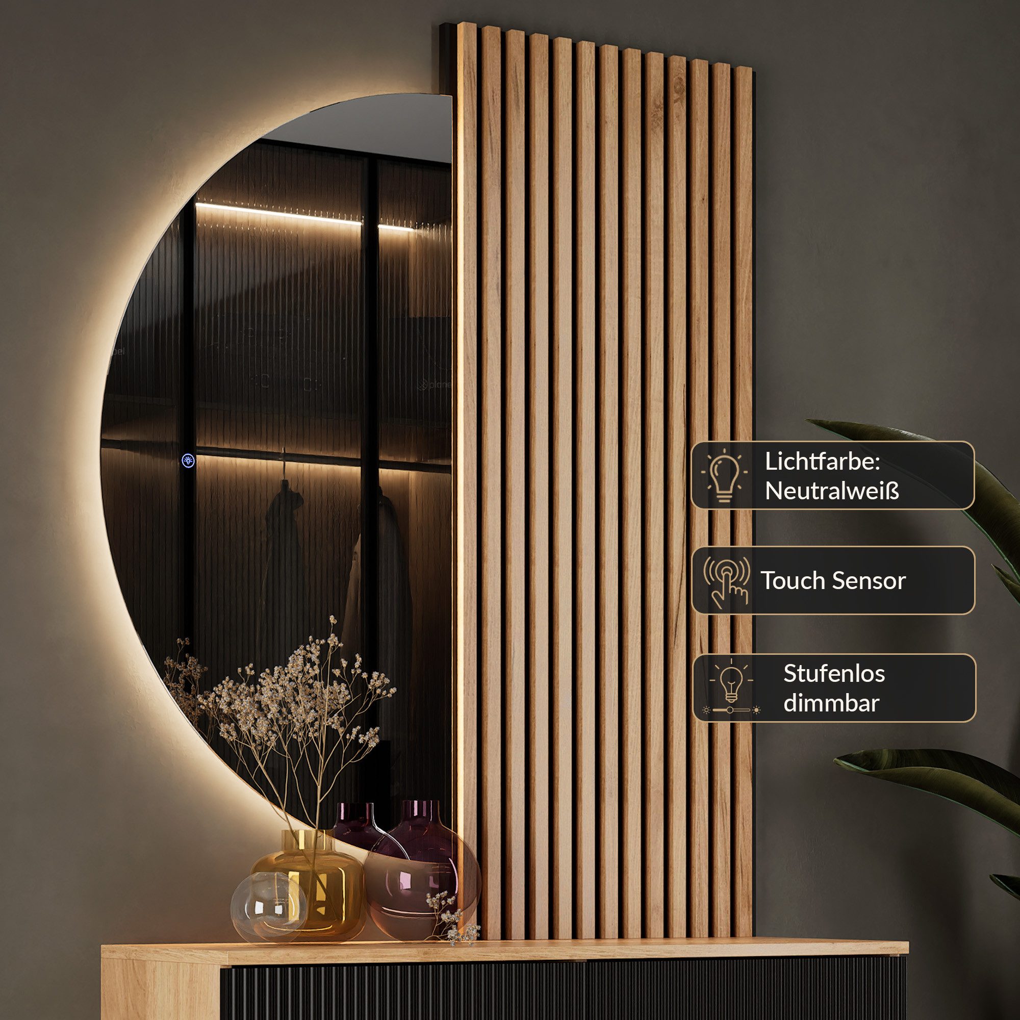 Planetmöbel Garderoben-Set AMYRA Flur Garderobe Spiegel mit Beleuchtung & Akustikpaneele, (LED Spiegel NIVORA 50 x 100 cm, Touch-Funktion, Dimmbar, Konsolentisc – Bild 5 von 5