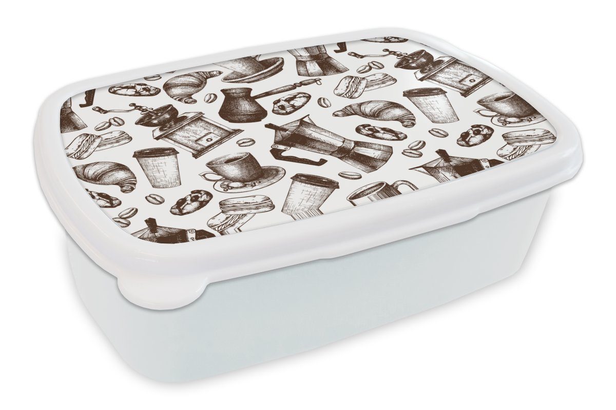 MuchoWow Lunchbox Croissant und Mädchen Brotbox Kunststoff, - für Muster, Kinder Brotdose, weiß - Erwachsene, Kaffee und für (2-tlg), Jungs