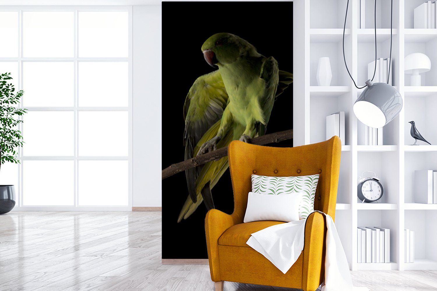 Zweig, Vliestapete Matt, - St), Küche, - Fototapete bedruckt, Vogel für MuchoWow Wohnzimmer Papagei Schlafzimmer (2 Fototapete