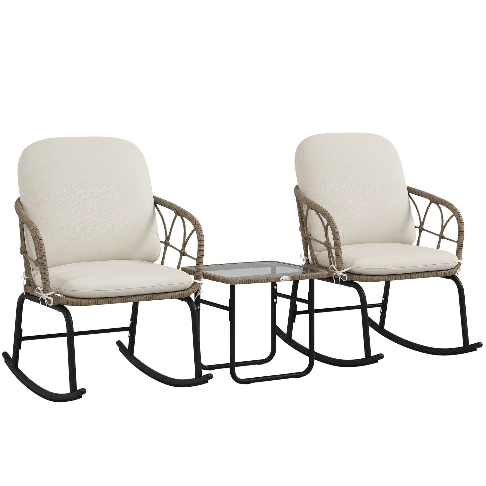 Outsunny Sitzgruppe Schaukelstuhl-Set Rattan, Gartenmöbel-Set mit 1 Couchtisch, (Gartensitzgruppe, 3-tlg., Gartengarnitur), mit Kissen, für Balkon, Terrasse, Cr – Bild 2 von 5