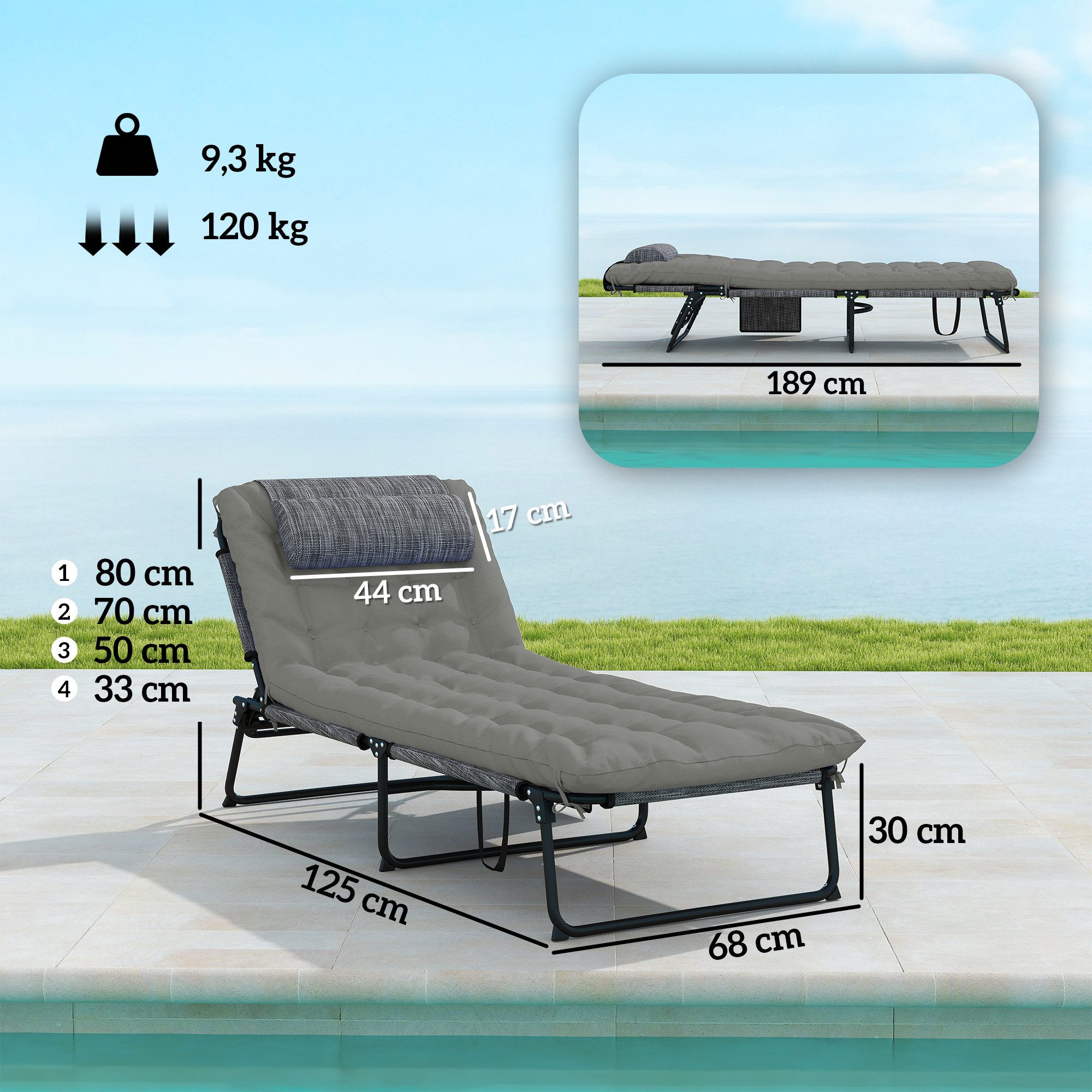 Outsunny Gartenliege Campingliege mit Kopfkissen, verstellbare Rückenlehne, Gartenstuhl, Campingliege, 1 St., Klappbett, für Garten, Balkon, bis 120 kg, Grau