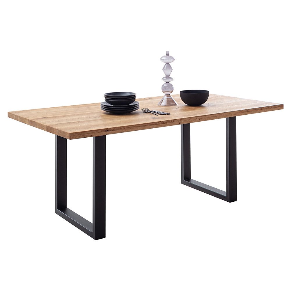 Lomadox Esstisch DEWEY-06, 160x90 cm, Wildeiche massiv geölt, schwarzes Metallgestell in U-Form