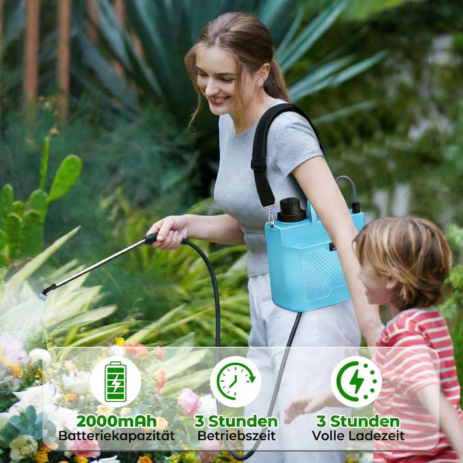 Rosnek Akku-Drucksprühgerät 8L mit Akku, elektrisch & automatisch, 3 Stufen, 4 Düsen, Verstellbarer Schultergurt, für Garten, Rasen & Pflanzenpflege