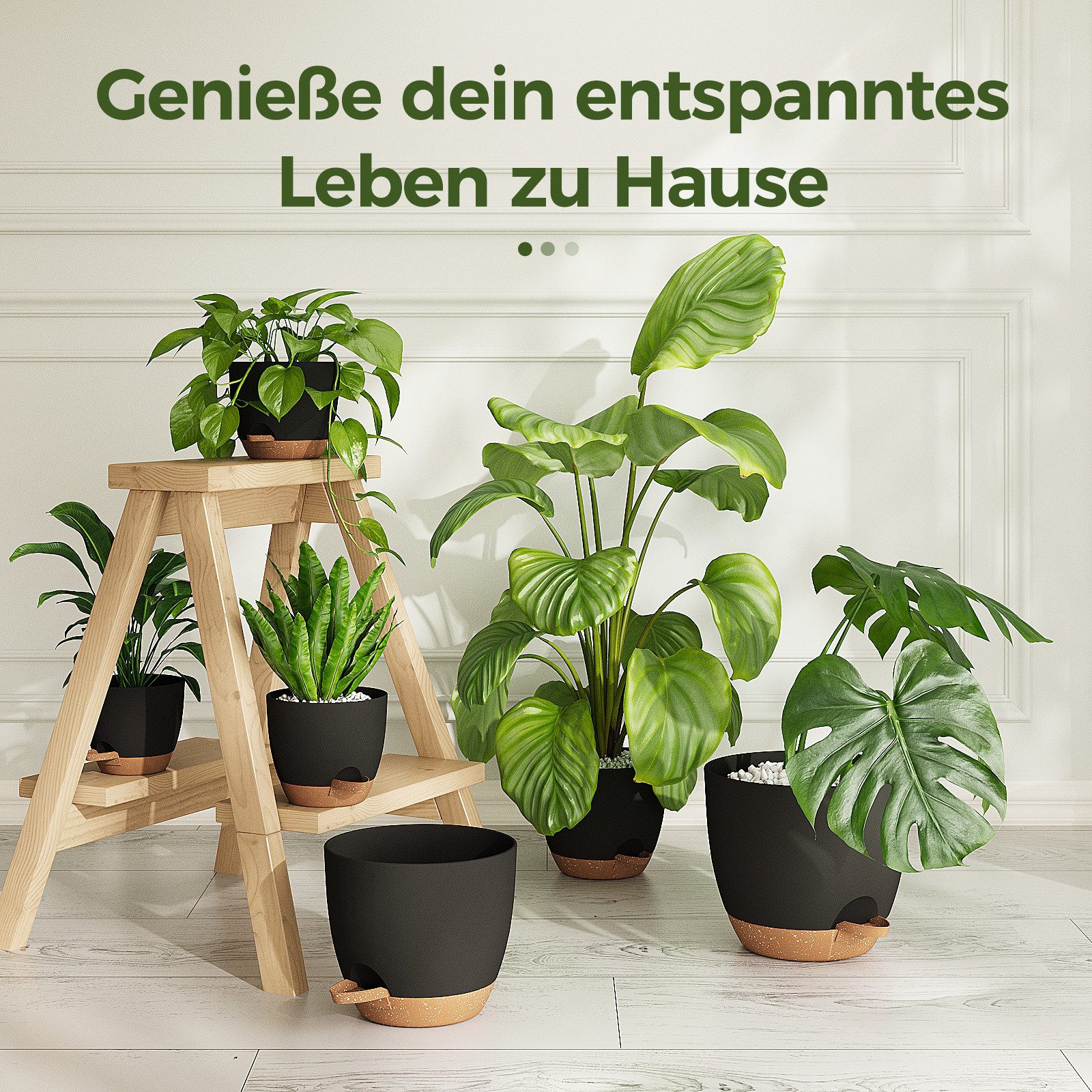 Bamworld Blumentopf 6er-Set Zimmerpflanzen-Topfregal mit Bewässerung, mit Abflussloch (6 St), Kunststoff, Schwarz – Bild 5 von 5