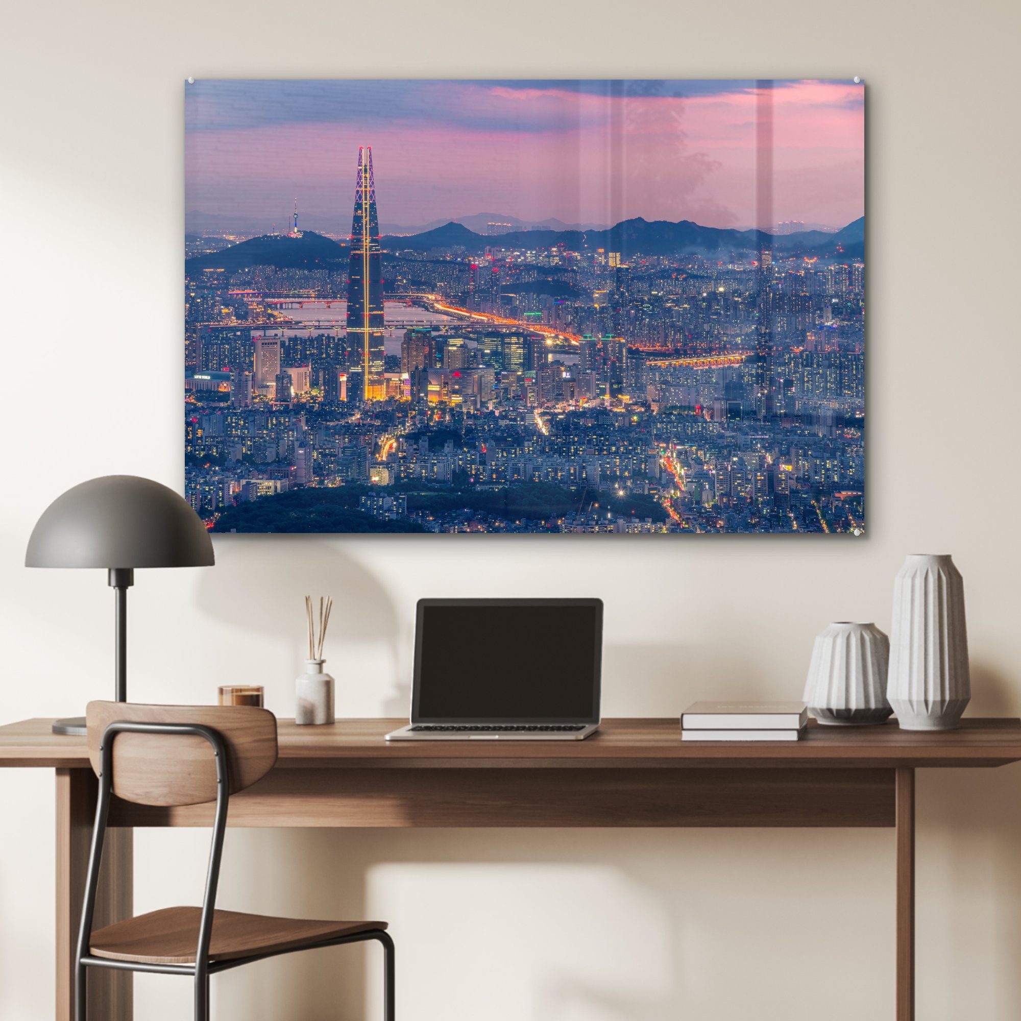 St), hohen & Acrylglasbilder Türmen, Wohnzimmer mit MuchoWow Seoul seinen Blick auf Acrylglasbild (1 Schlafzimmer