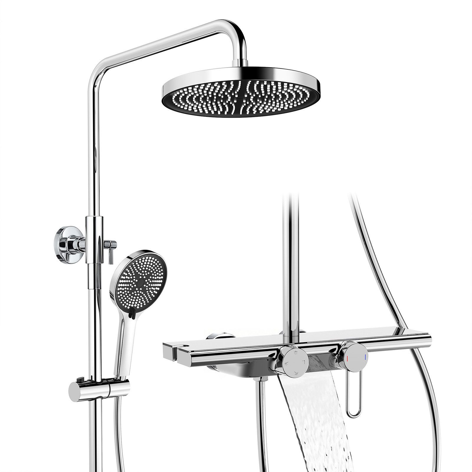 HOMELIVE Duschsystem Regendusche Stangenbrause-Set 400 mm Ablage 5 Modi, höhenverstellbar, 95 mm Wasserfallauslauf, verchromt