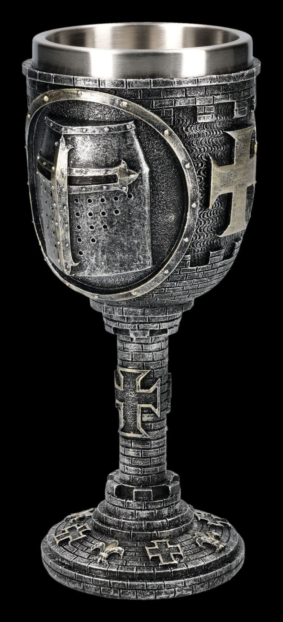 Figuren Shop GmbH Becher Ritter Kelch Helm Motiv Mittelalter Trinkkelch 200 ml Silber Weinkelch, Kunststein (Polyresin), Edelstahl