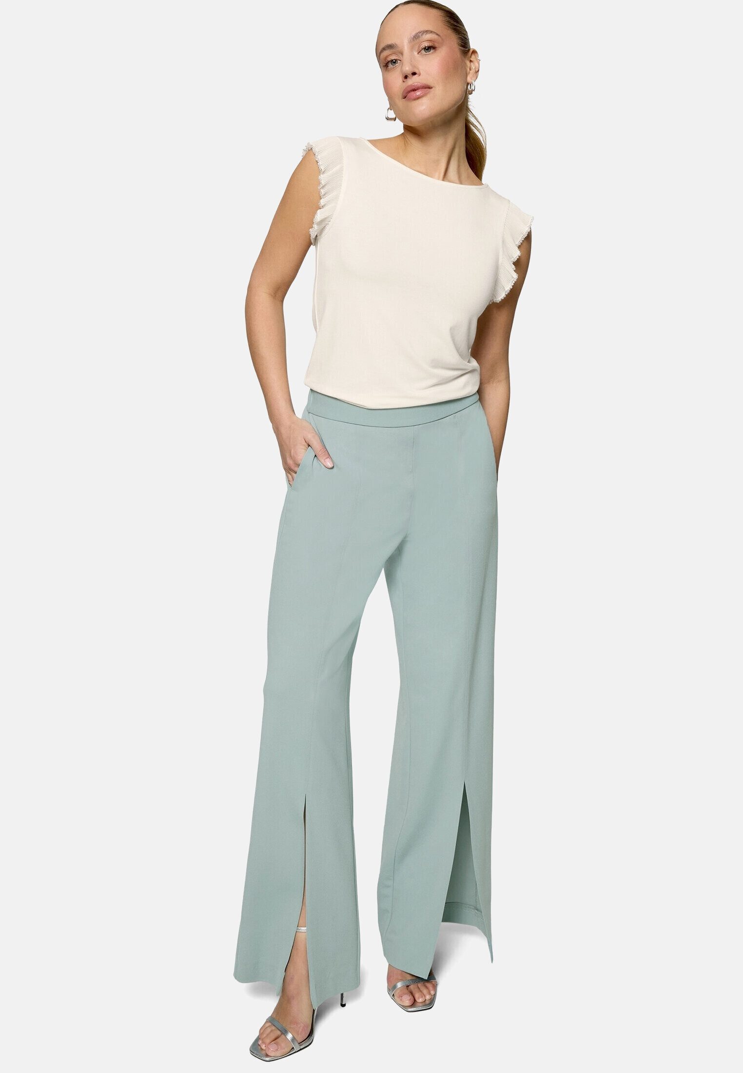 Zero Kurzarmshirt Damen Rüschen mit Perlen (1-tlg) Perlen