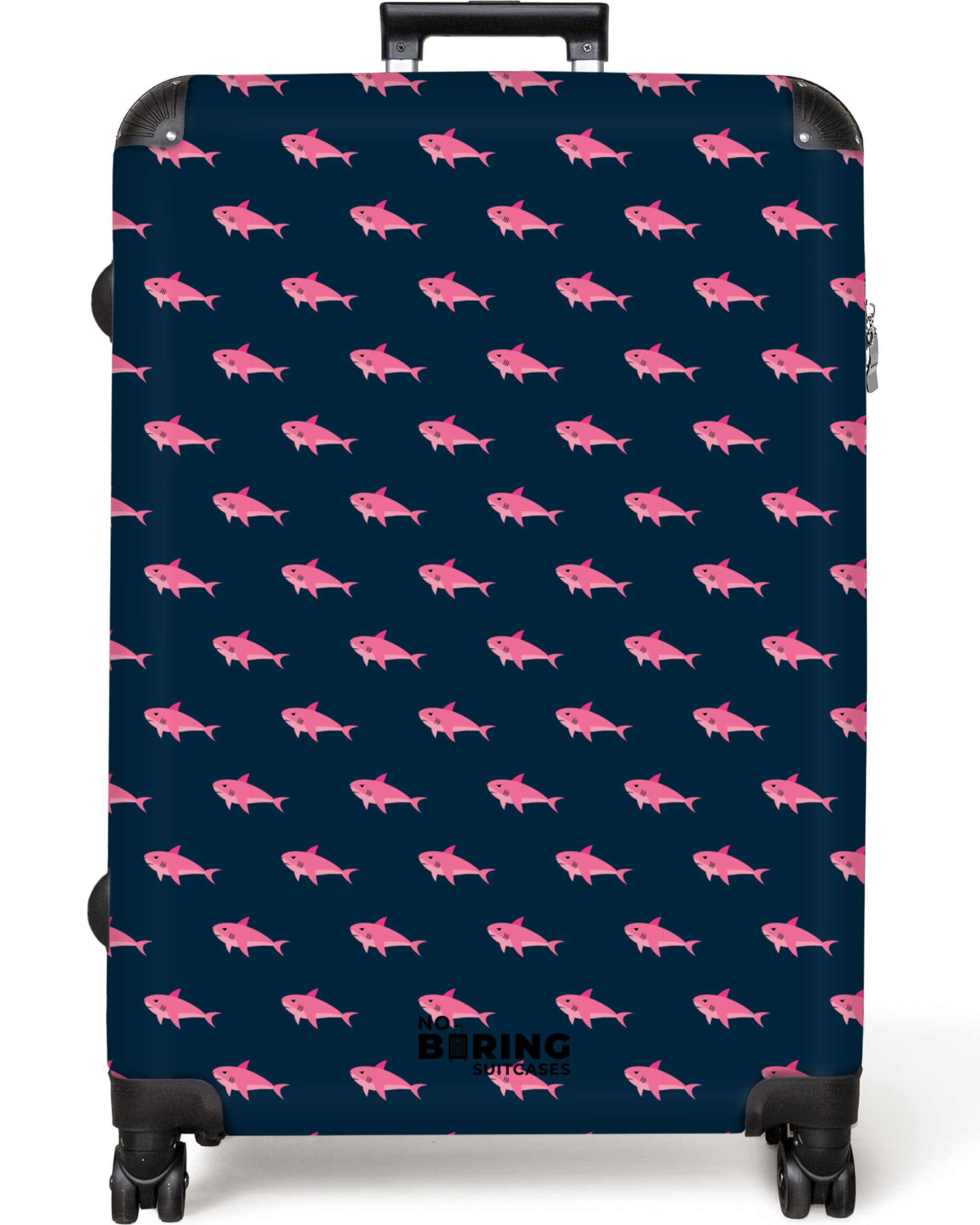 NoBoringSuitcases.com© Hartschalen-Trolley Blau mit rosa Hai-Aufdruck günstig online kaufen