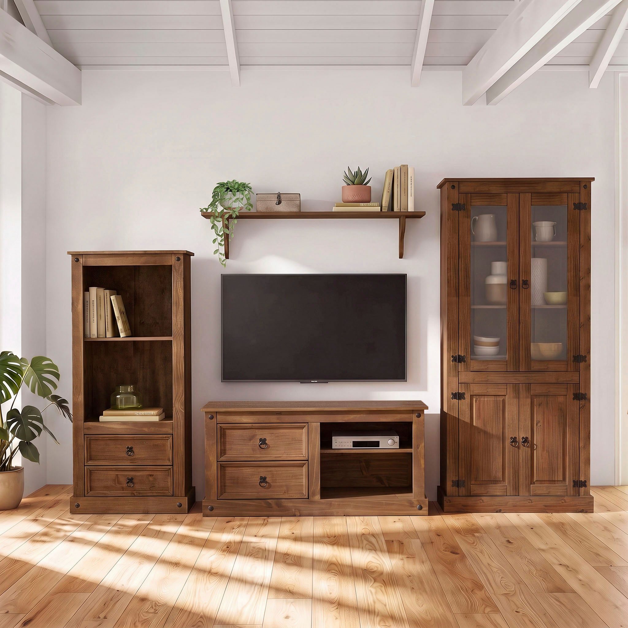 OTTO home Wohnwand Mexiko Vitrine, Regal und TV-Board mit Metallgriffen, (Set, 3-St), bestehend aus 1 Vitrine, 1 Lowboard und 1 Regal, ohne Wandboard
