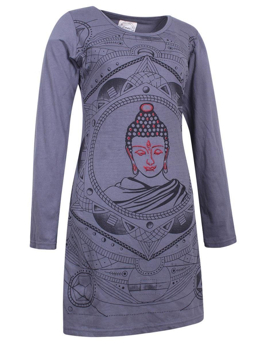 Baumwollkleid Vishes Druck grau Buddha Style Langarm Übergangskleid, Hippie Shirtkleid mit Midikleid