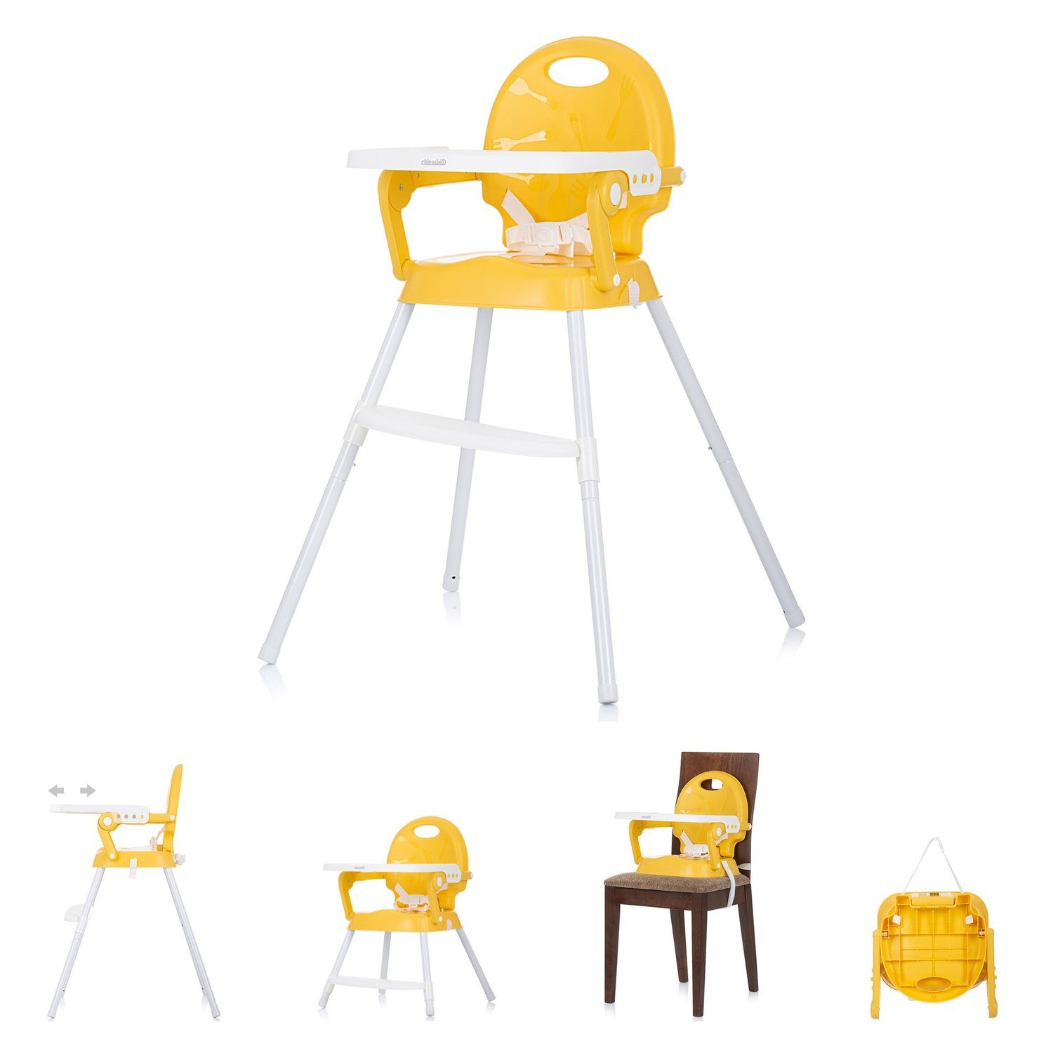 Chipolino Hochstuhl Hochstuhl 3 in 1 Bonbon, Sitzerhöhung, Fußstütze, Tablett verstellbar gelb