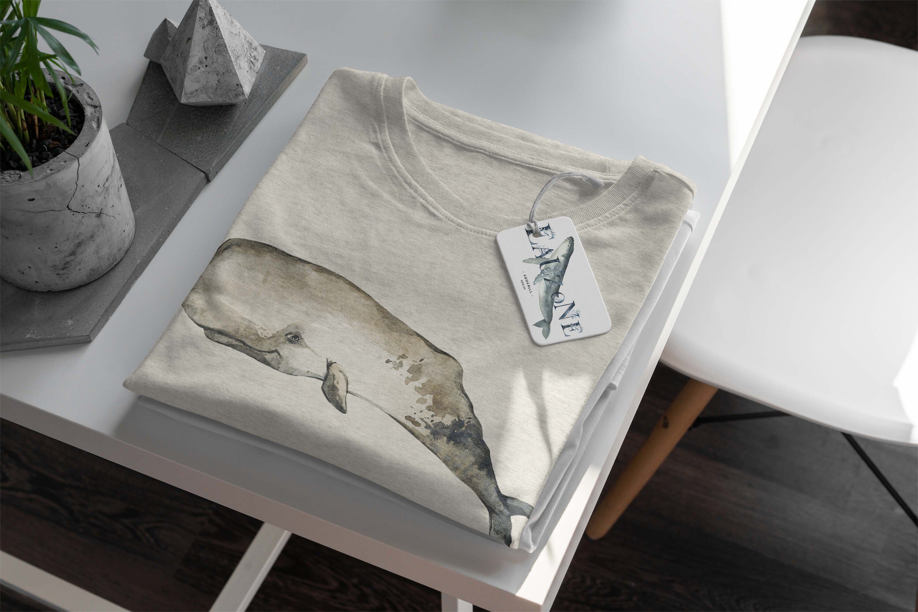 T-Shirt Nachhaltig Sinus aus gekämmte Ökomode T-Shirt Herren Bio-Baumwolle Motiv (1-tlg) Shirt Pottwal Wasserfarben 100% Art