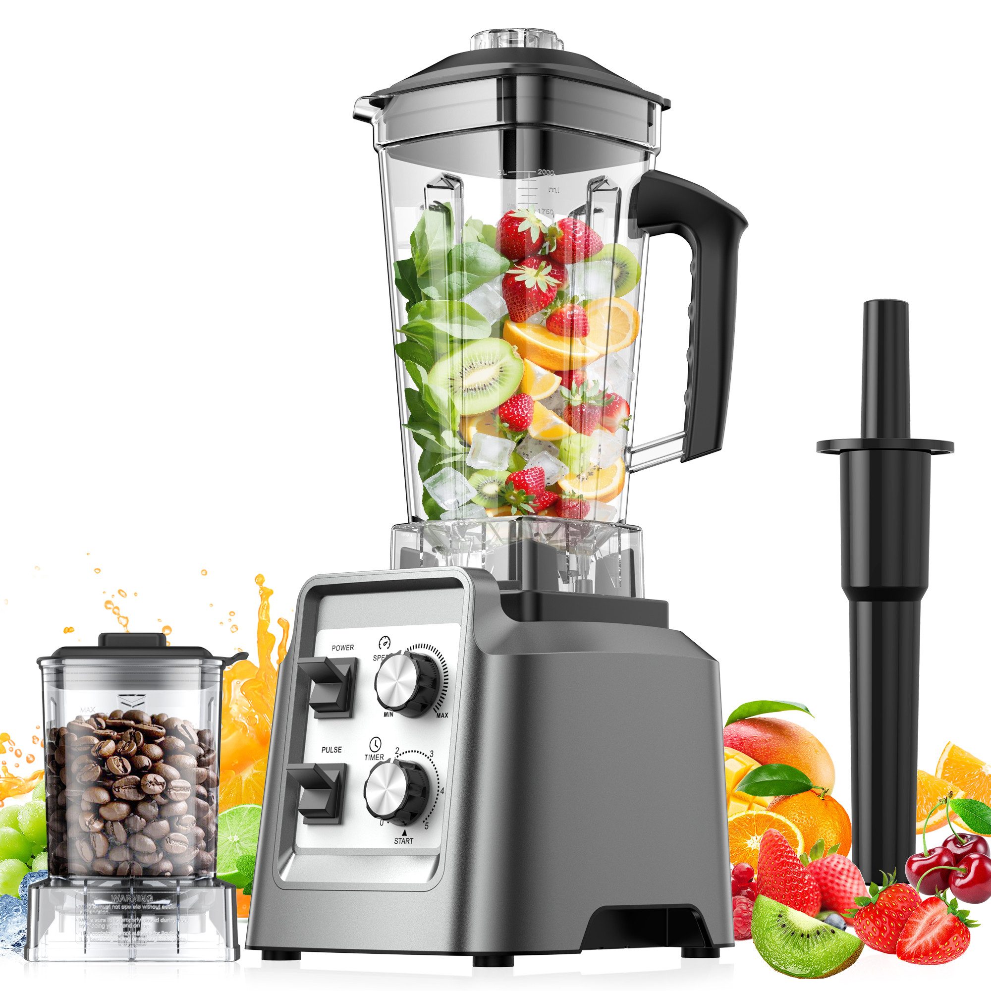 Teendow Standmixer Standmixer Hochleistungsmixer 1800W 2L BPA frei Smoothie Mixer, 1800 W, mit Rührstab und Reisebecher, Selbstreinigend, 6 Edelstahlklingen