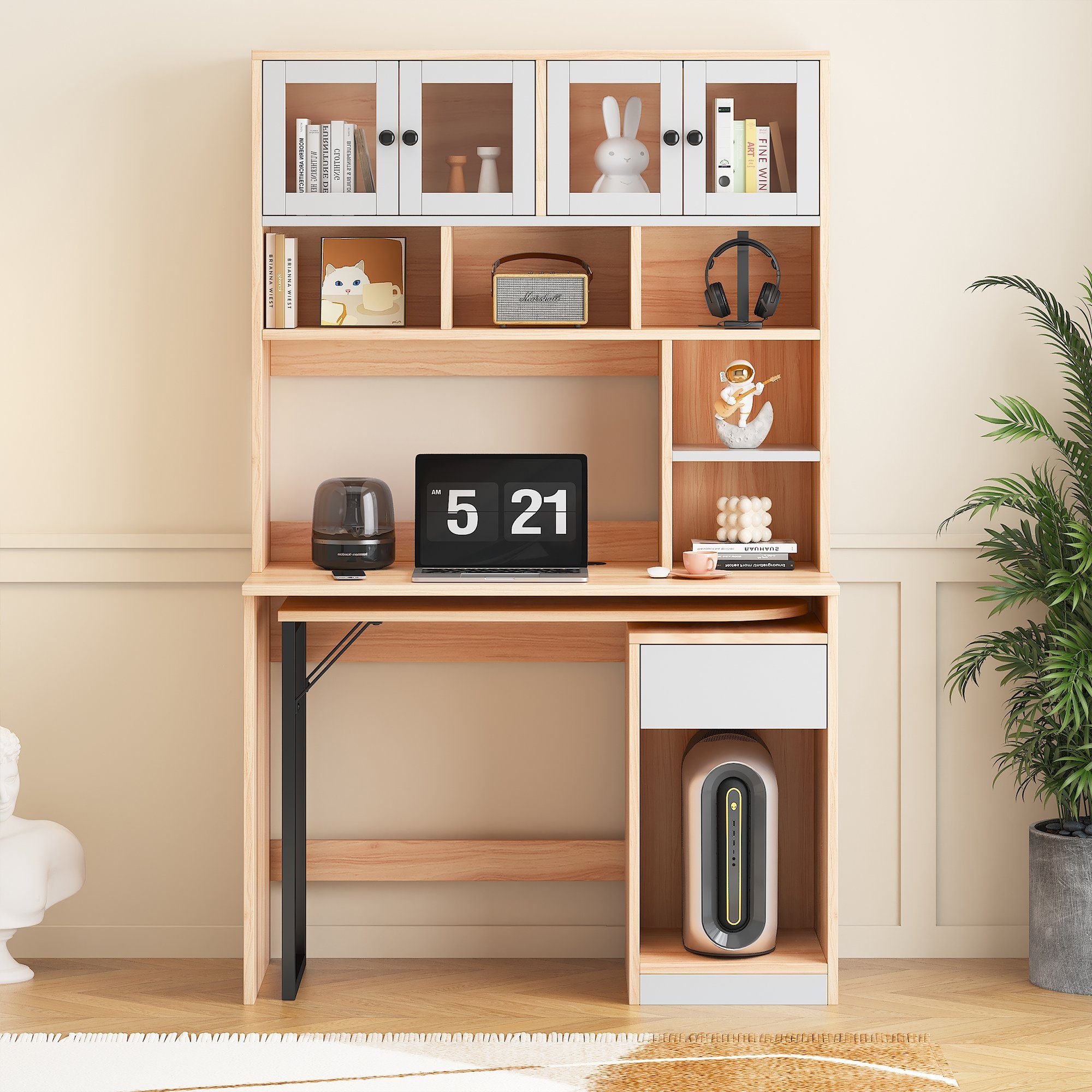 HAUSS SPOLE Schreibtisch mit drehbaren Arbeitstisch, Schrank und Lagerregal Natur und Weiß