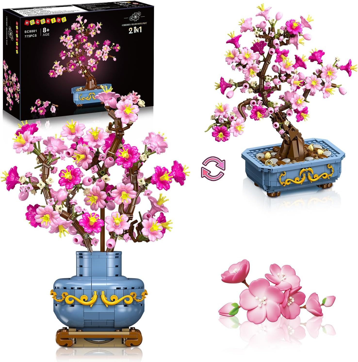 HOGOKIDS Blumen Kirschblüten-Bonsai Bauset 2 in 1 Bonsai-Baum Spielbausteine, (Set, 775 St)