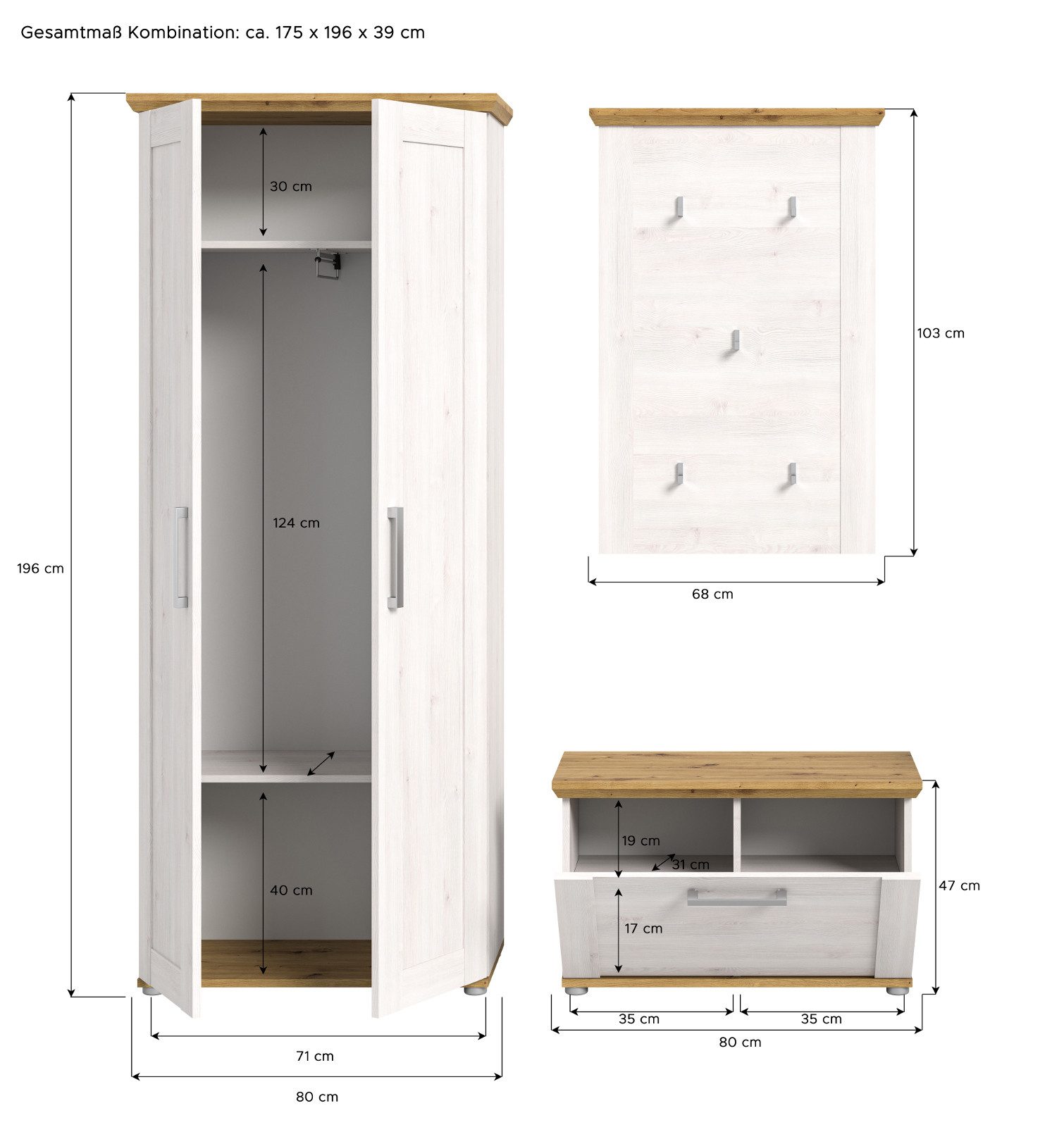Inn.Furn Garderoben-Set Mirano, (Flurgarderobe in weiß Lerche mit Eiche Artisan, 3-St., 175 x 196 cm), Landhaus modern