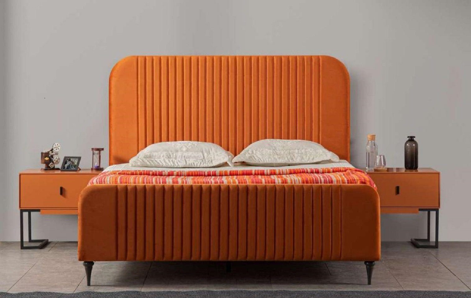 JVmoebel Schlafzimmer-Set Orange Bett 2x Nachttische Luxus Sets Möbel Schlafzimmer, (3-St., Bett + 2x Nachttische), Made in Europe