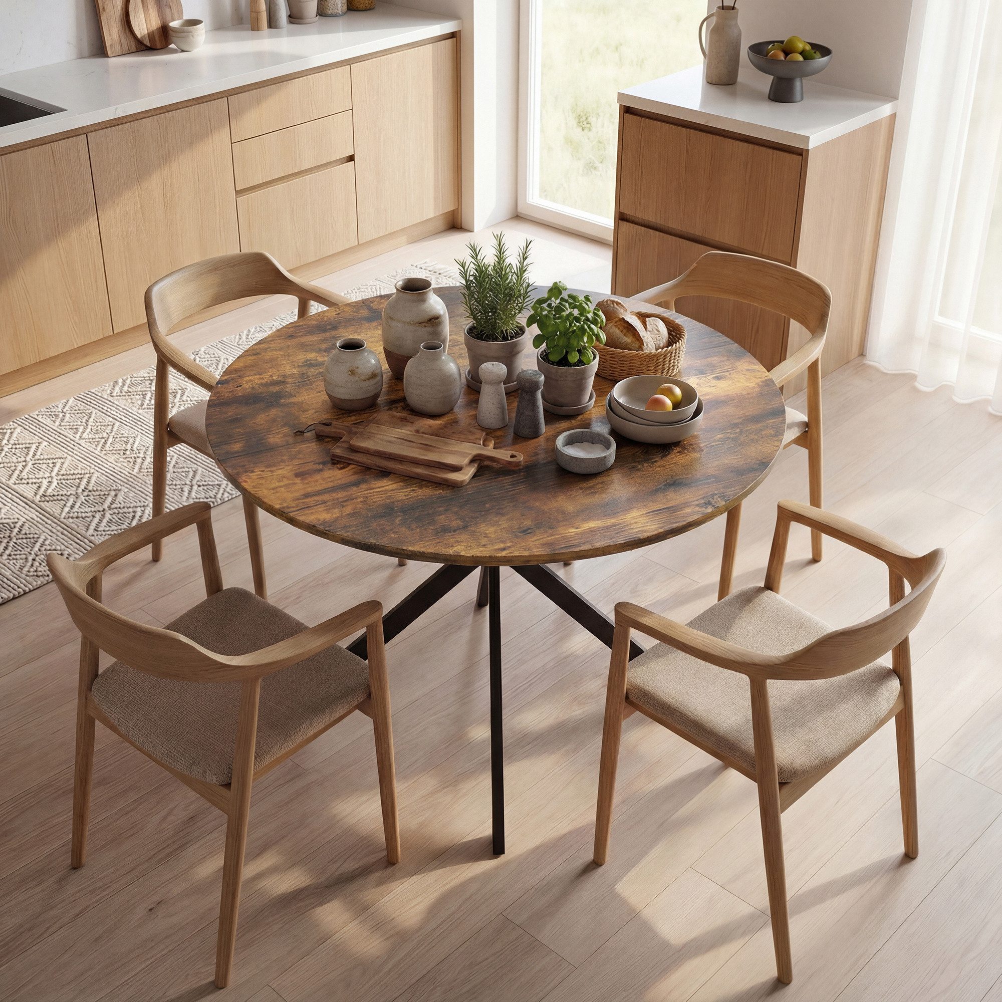HOMCOM Esstisch Küchentisch im Industriestil mit Stahlbeinen für 4 Personen (für Esszimmer, Küche, Wohnzimmer, 1-St., rund, 100 x 100 x 75 cm), Rustikal-Braun