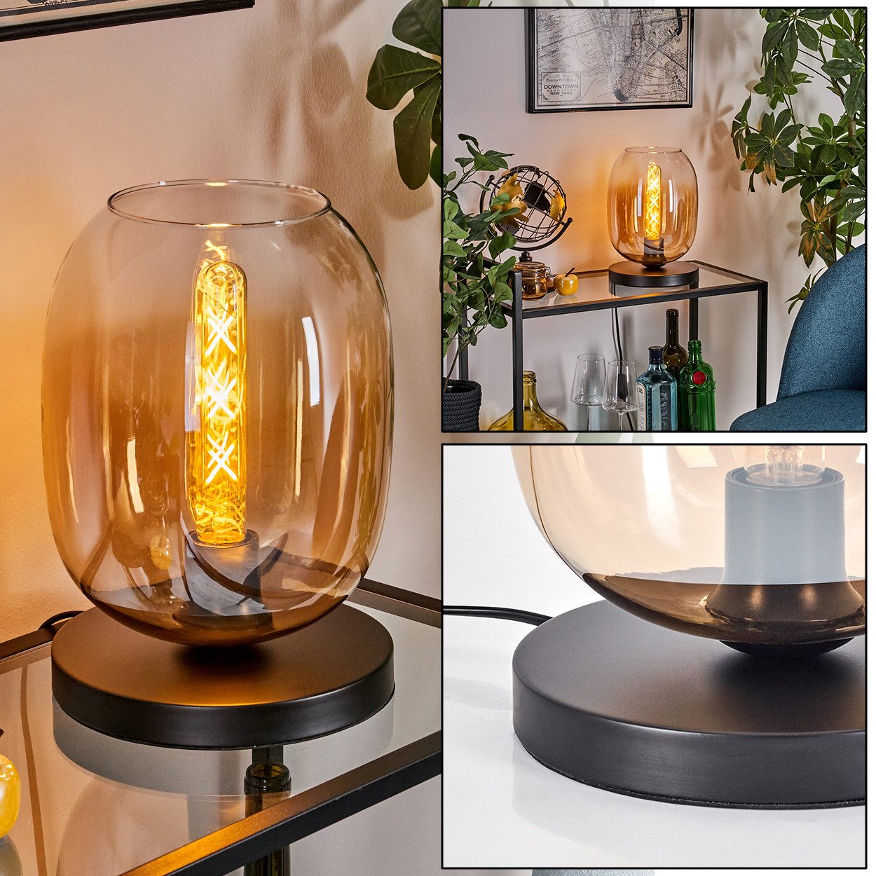 hofstein Tischleuchte Tischlampe aus Metall/Glas in Schwarz/Bernstein/Klar, günstig online kaufen