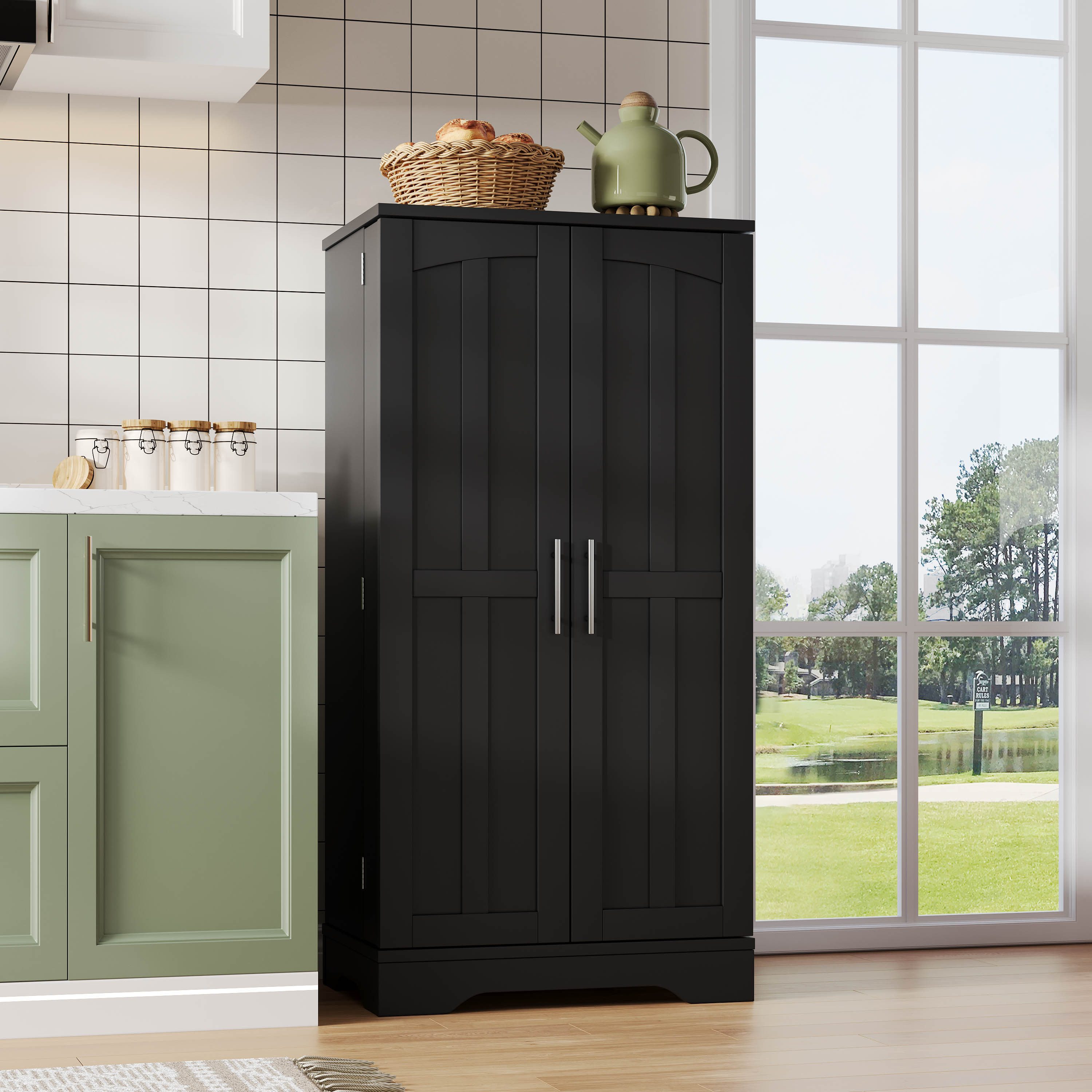 Flieks Mehrzweckschrank Hochschrank mit LED-Sensorlicht und verstellbaren Regalböden (H120xB60xT40 cm, 1-St) Küchenschrank Buffetschrank mit Türablagen Holzschrank schwarz
