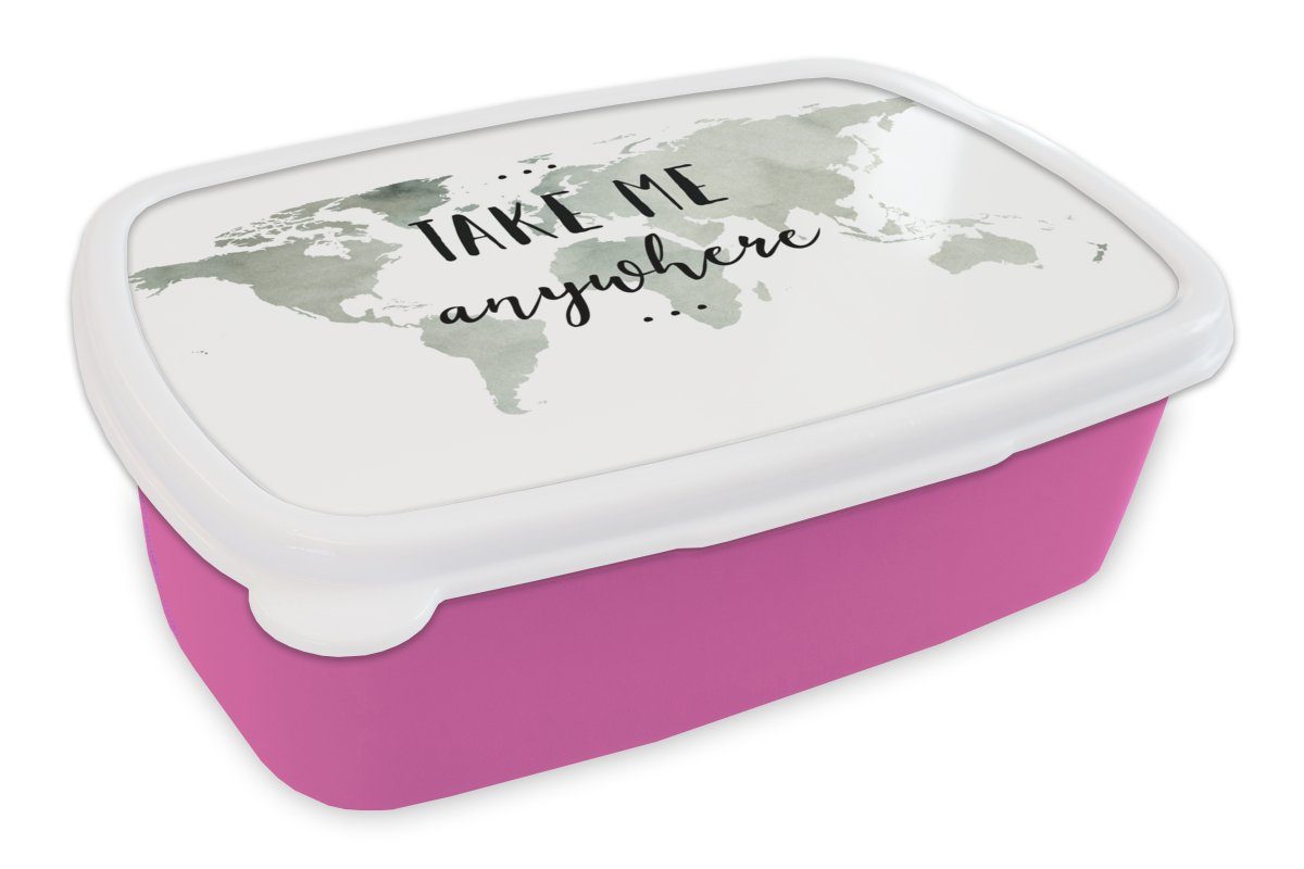 MuchoWow Lunchbox Weltkarte - Zitat - Take Me Anywhere, Kunststoff, (2-tlg), Brotbox für Erwachsene, Brotdose Kinder, Snackbox, Mädchen, Kunststoff rosa