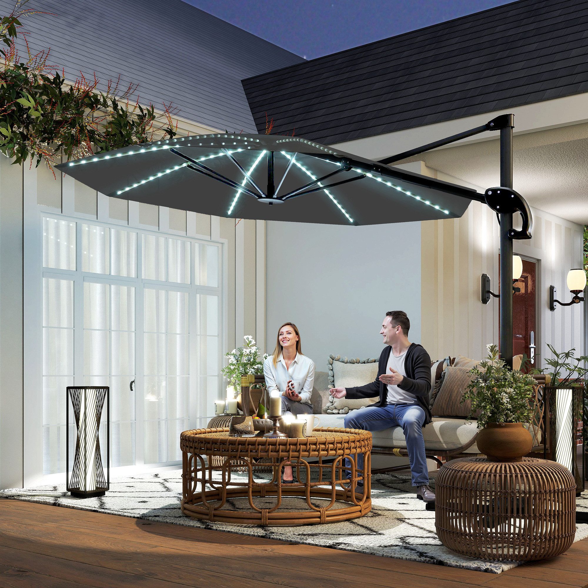 Outsunny Sonnenschirm Alu Ampelschirm mit LED Solar höhenverstellbar UV50+ Wasserabweisend, LxB: 300x300 cm, Alu Ampelschirm, höhenverstellbar Marktschirm, Sonnenschutz für Garten, Balkon, Dunkelgrau