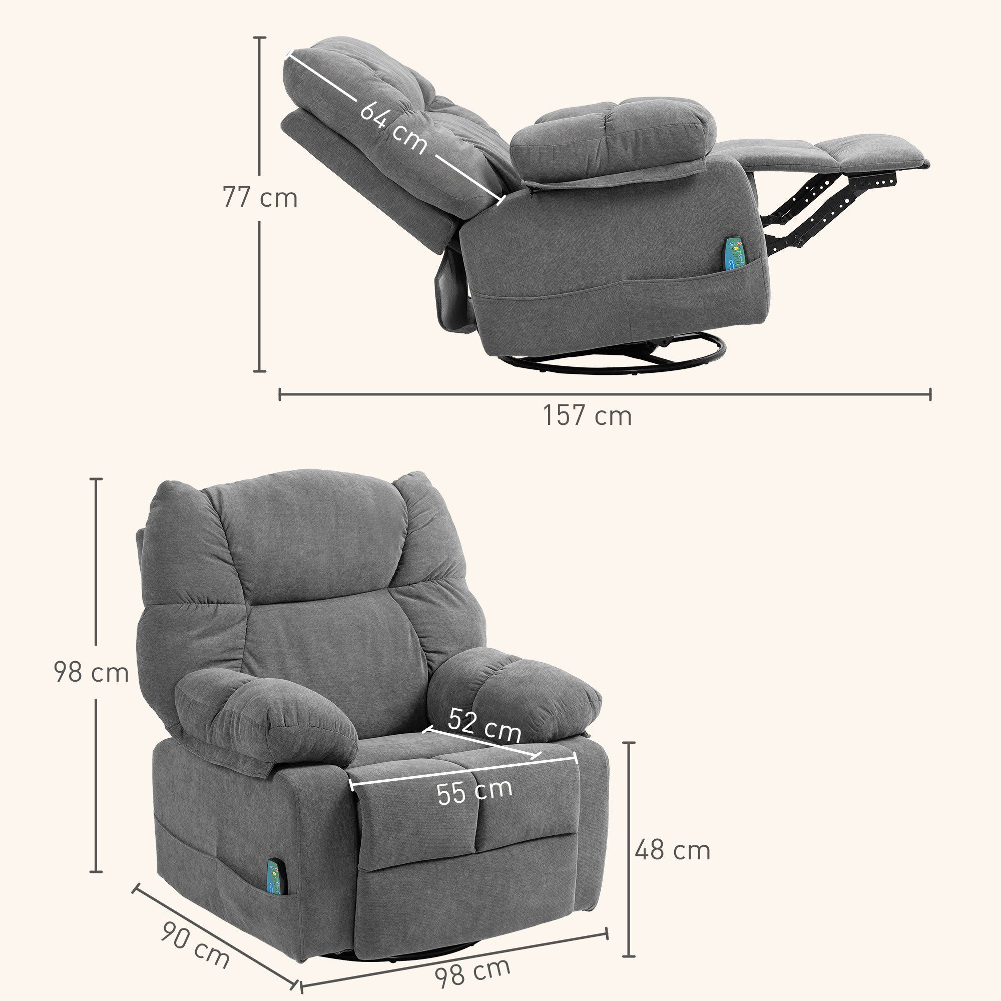 HOMCOM Massagesessel Relaxsessel mit Massagefunktion (Fernsehsessel mit Wärmefunktion, Liegefunktion, 1-St., TV Sessel mit Seitentaschen, Fernbedienung), 98 x 90 x 98 cm, Dunkelgrau
