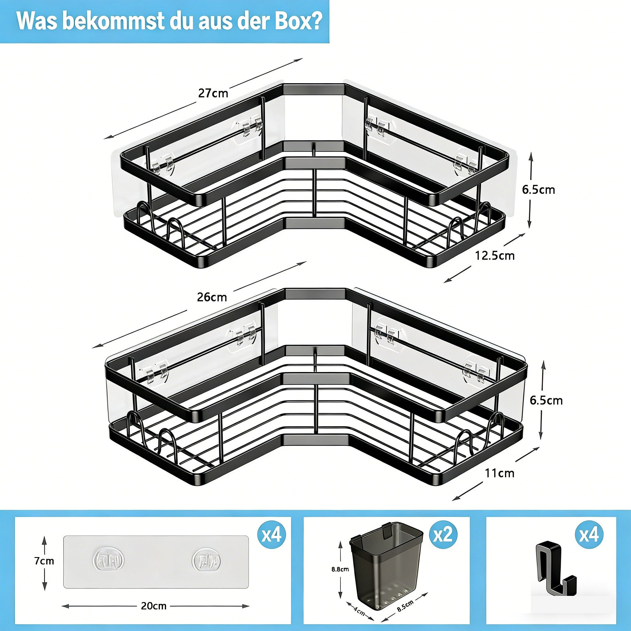 FANNOU Duschablage Ohne Bohren, 2 Stück Selbstklebend Eckregal Badezimmer Organizer, Duschregal Edelstahl mit 4 Haken und 2 Zahnpasta Halter, Duschkorb