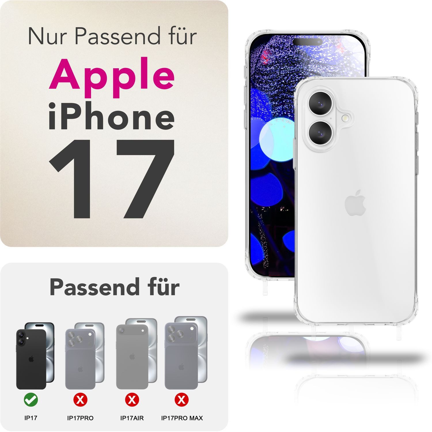 Nalia Smartphone-Hülle Apple iPhone 17 16 cm (6,3 Zoll), Klare Hülle mit Band zum Umhängen / 160cm Handy Kette Verstellbar