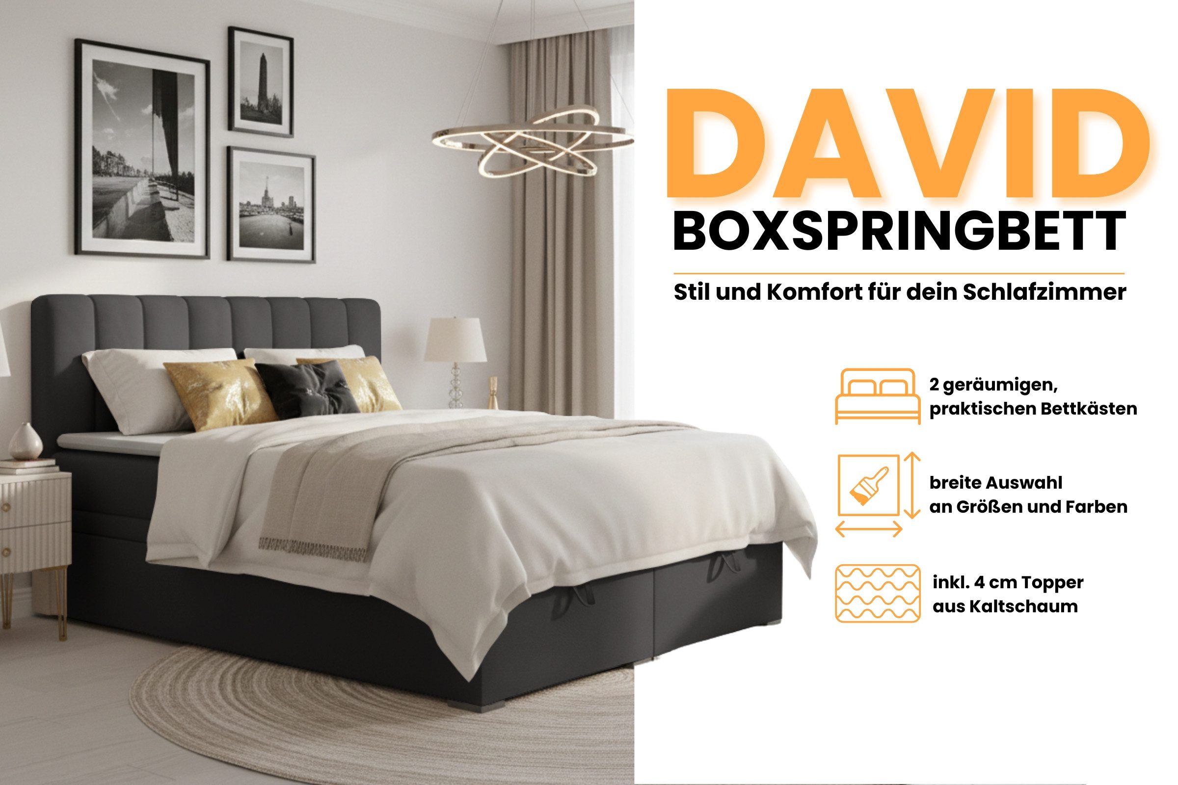 Deine Möbel 24 Boxspringbett DAVID Boxbett Polsterbett Komplettbett Bett mit einer Matratze H4 (Taschenfederkernmatratzen 7 Zonen H4 Creme Grau Hellgrau Schwarz Anthrazit Beige Samt Velour, 3-St., Taschen-federkernmatratze 7 Zonen H4 PREMIUM Bett), 120x200 140x200 160x200 180x200 200x200 inkl Topper, Bettkasten
