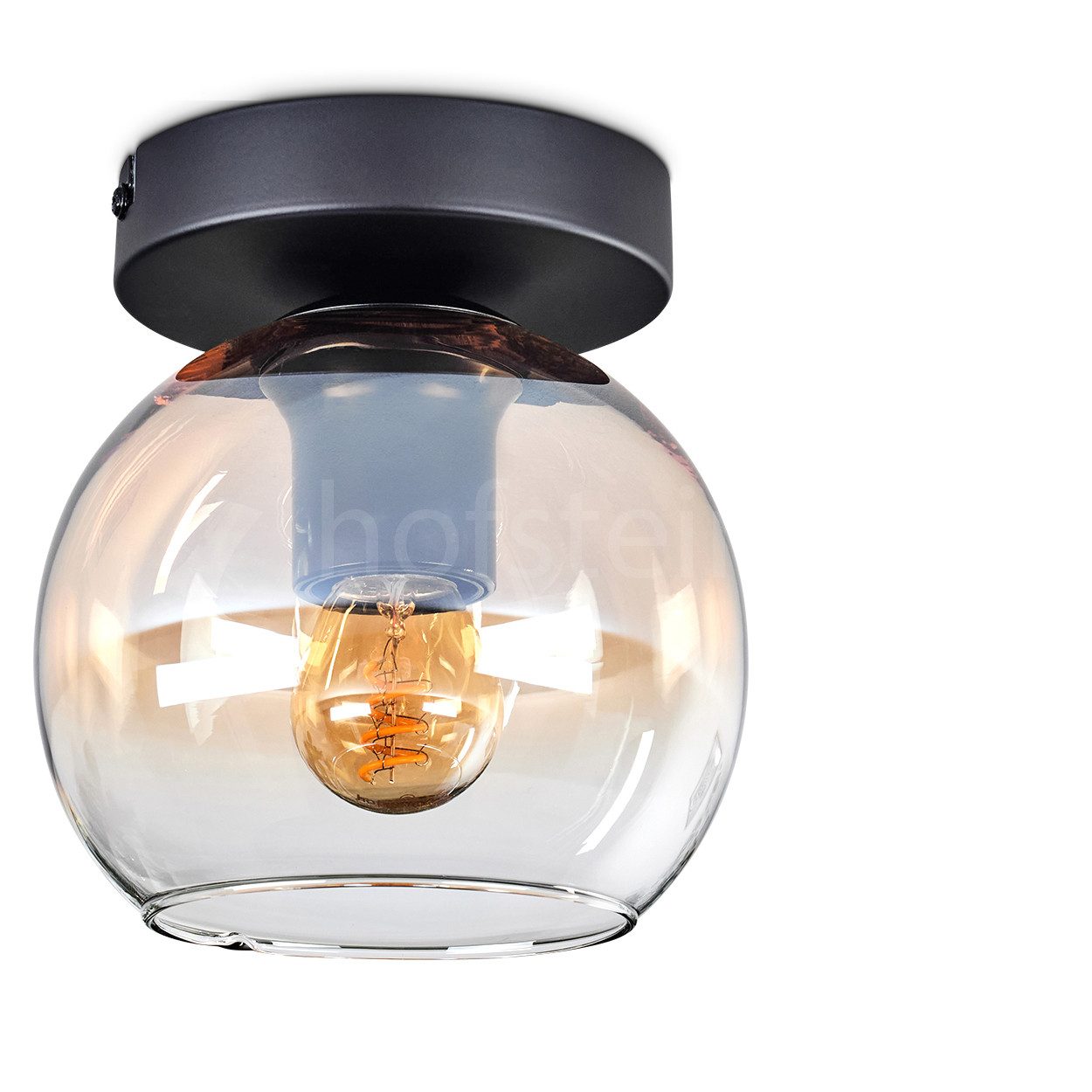 hofstein Deckenleuchte Deckenlampe aus Metall/Glas in Schwarz/Bernsteinfarben/Klar, ohne Leuchtmittel, moderne Leuchte mit Schirm aus Glas (15cm), 1xE27, ohne Leuchtmittel