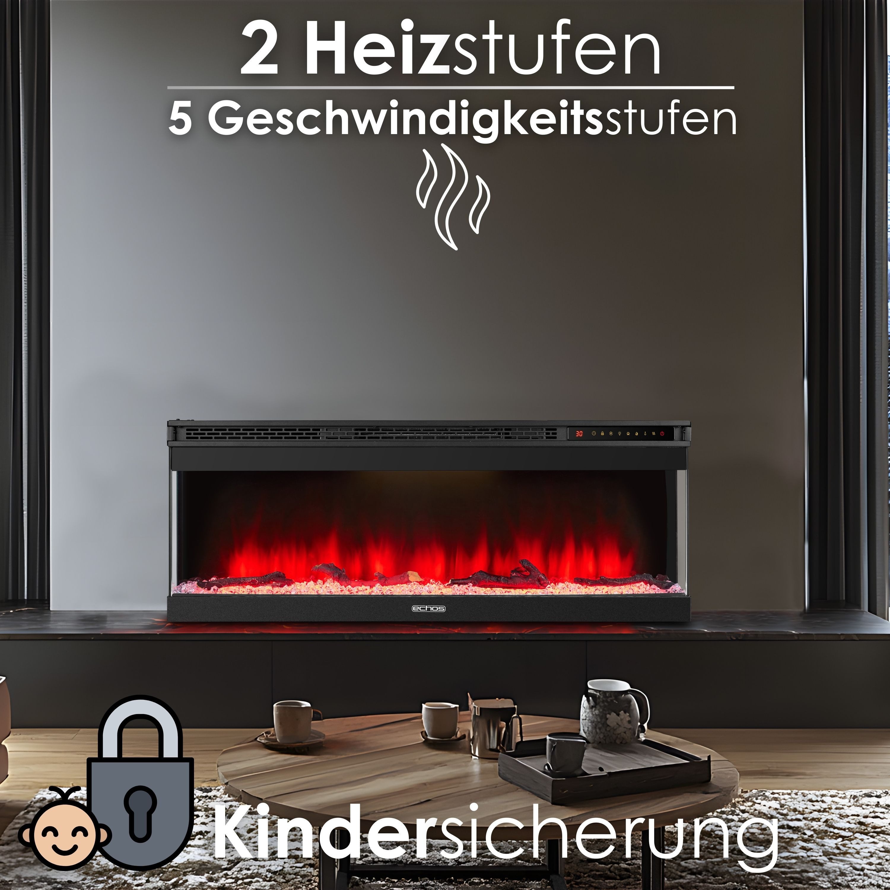 echos Elektrokamin WiFi Eco-3510, 13 realistische Flammeneffekte, Smart Life APP, Wandmontage, Timer