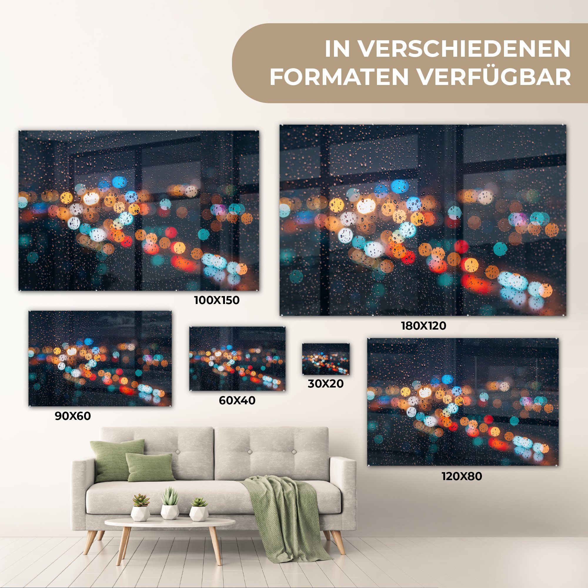 (1 St), MuchoWow & Unscharfe Vordergrund, Acrylglasbilder Wohnzimmer Acrylglasbild Lichter Schlafzimmer im mit Makroregen