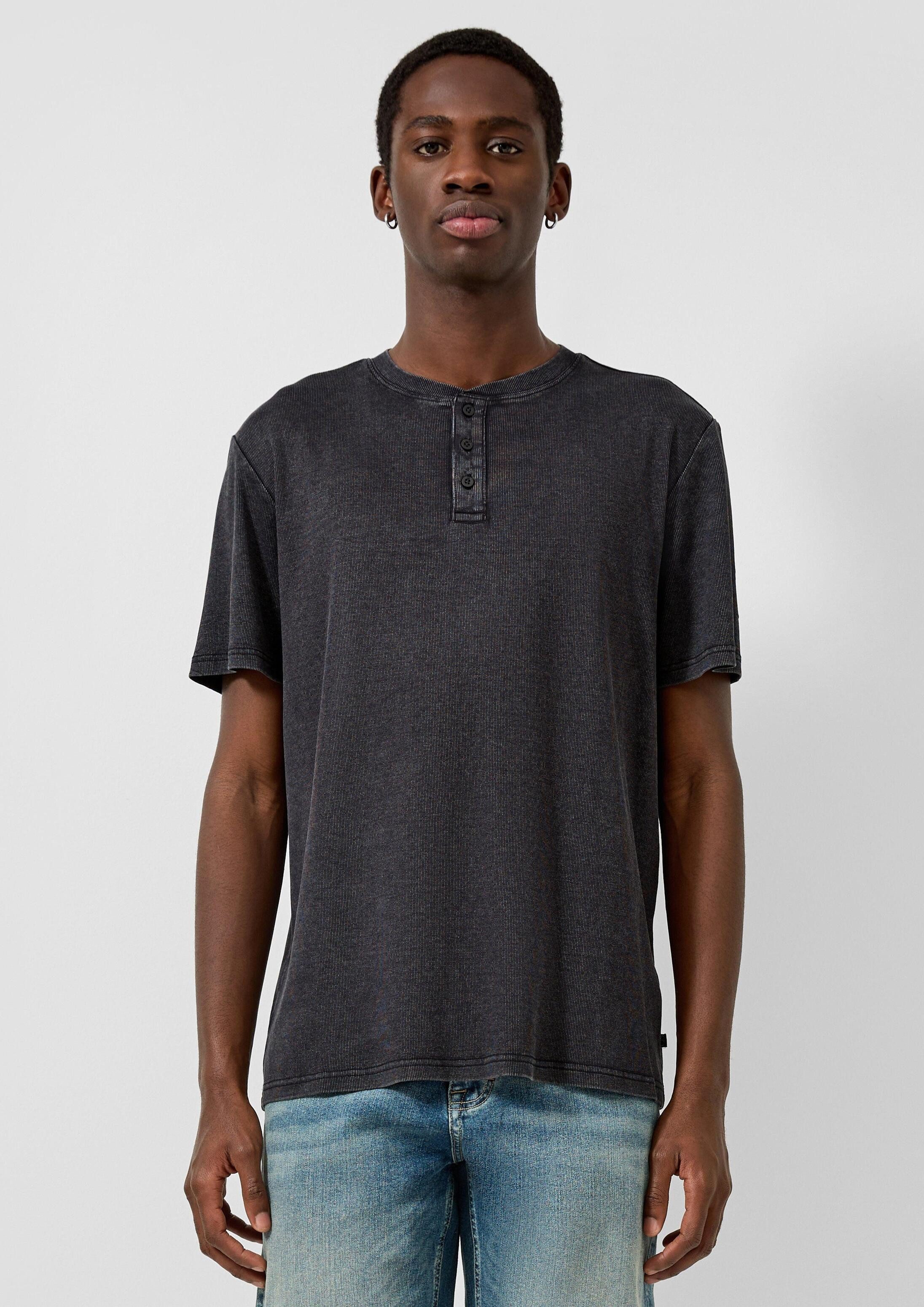 QS Kurzarmshirt T-Shirt Gewaschenes Henley mit Rippstruktur