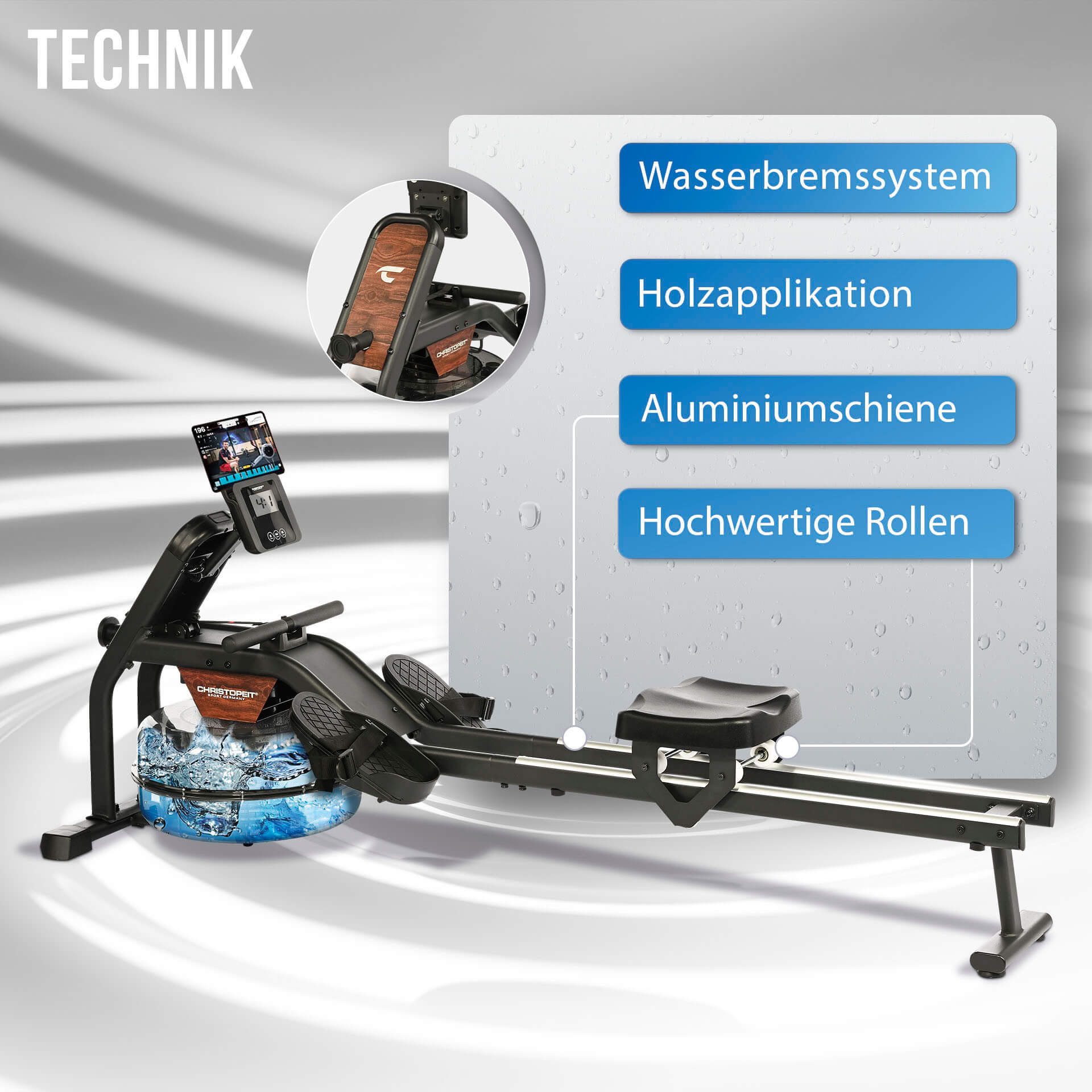 Christopeit Sport® Rudergerät Wasserrudergerät Garda (120 kg max. Benutzergewicht, Kinomap-App kompatibel, Sport), Rudermaschine