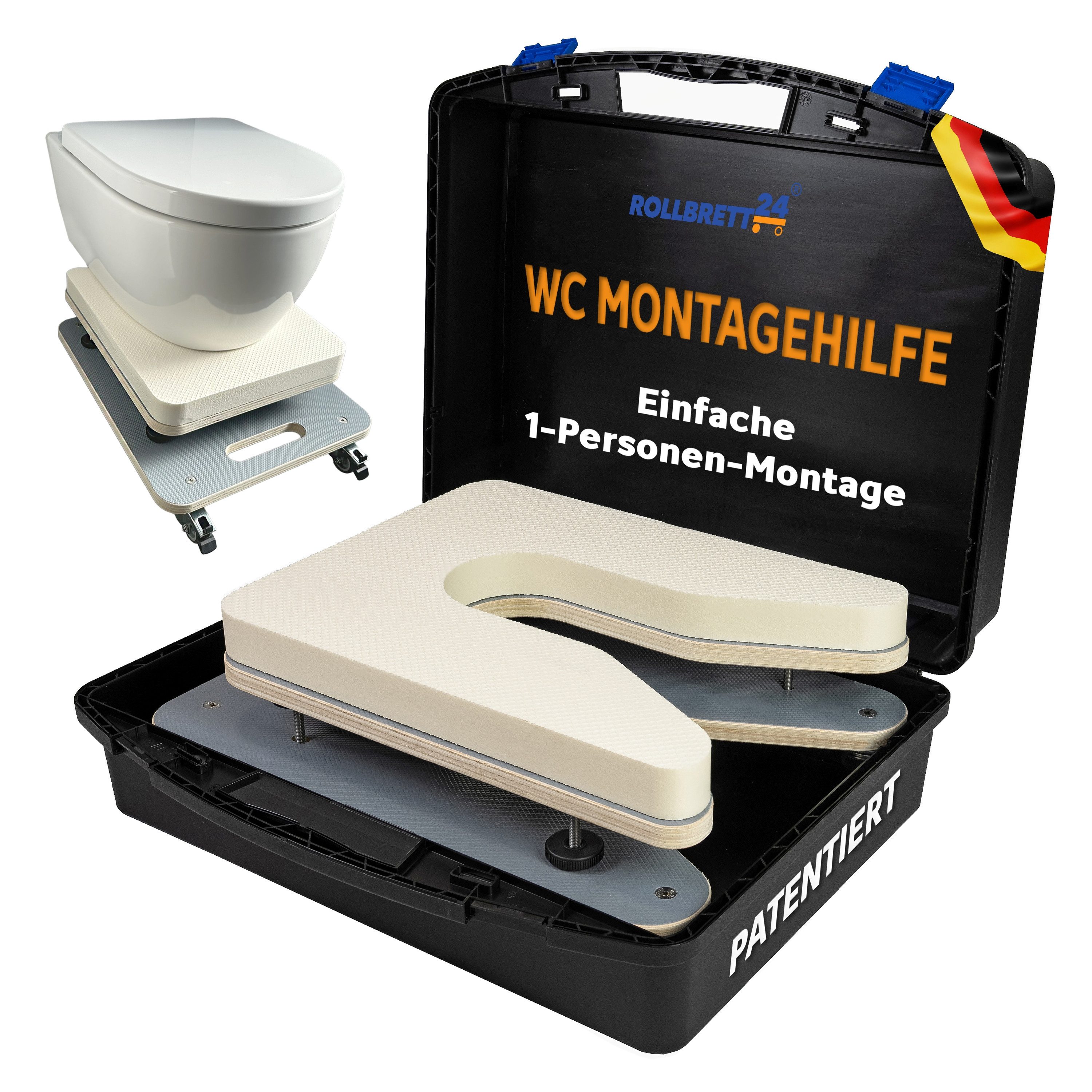 Rollbrett24 Sanitär-Installationsset Montagehilfe für Wand-WCs Höhenverstellbares Rollbrett 125-215mm, 1-St., Ein Mann Montage, Werkzeuglose Einstellung, Transportkoffer inklusive