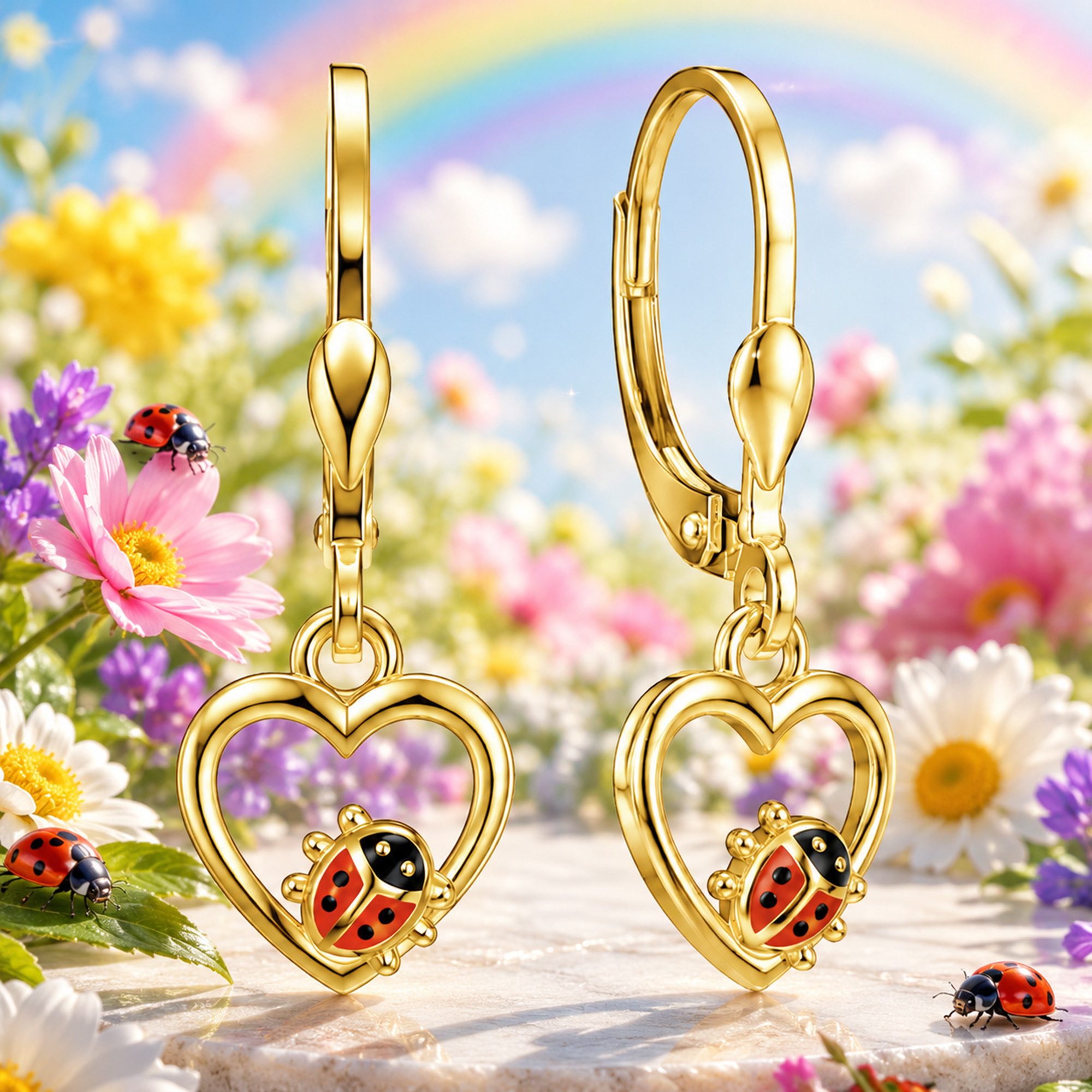 Limana Paar Creolen goldene Marienkäfer Mädchen Ohrringe Kinder Herz 925 Silber vergoldet (inkl. Dose Silberschmuck Echtschmuck Schmuck Geschenk für Geburtstag) – Bild 4 von 5