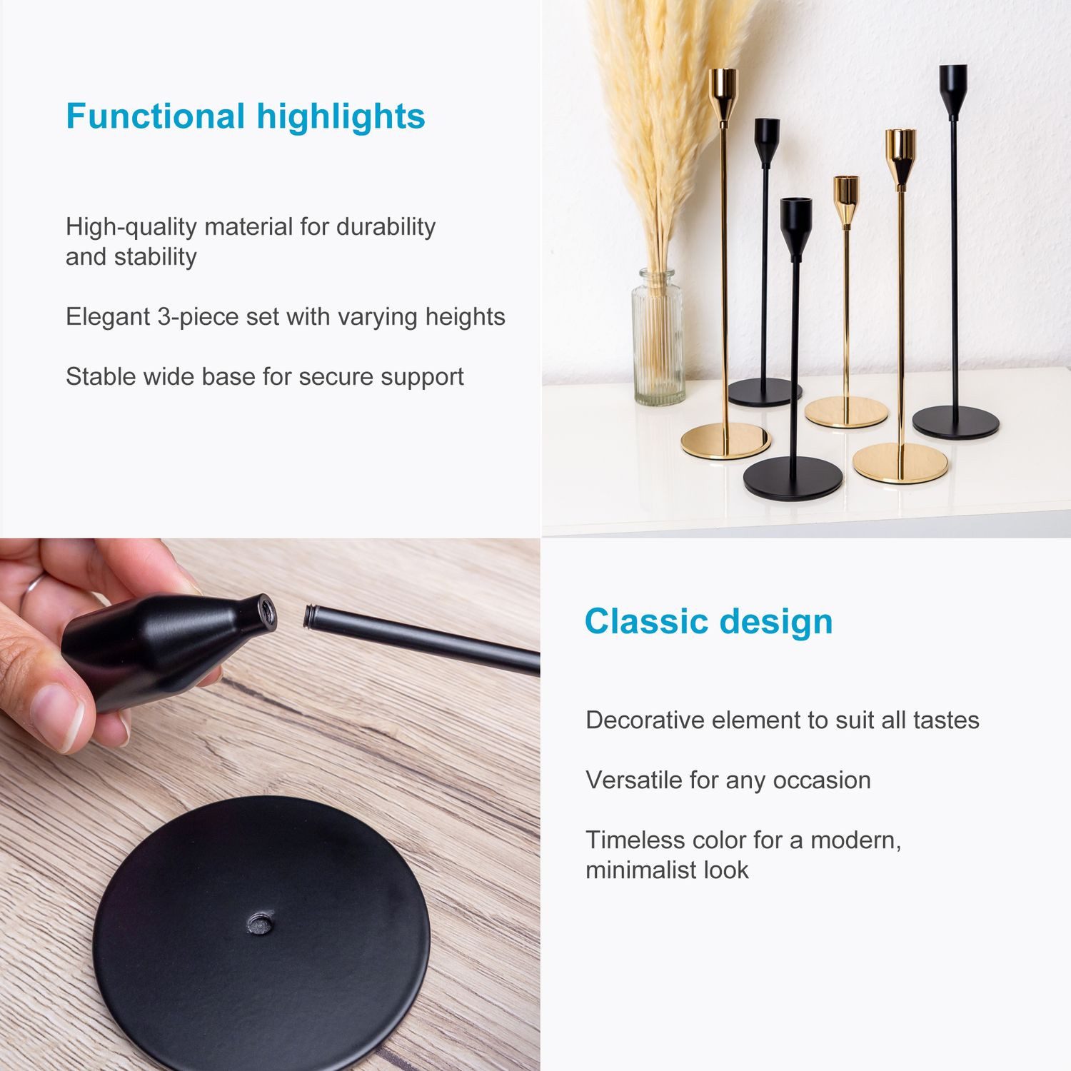 Intirilife Kerzenständer (Set, 3 St., 3x Kerzenständer), Kerzenständer 3 Set Metall Kerzenhalter für Stabkerzen 33/28/23cm