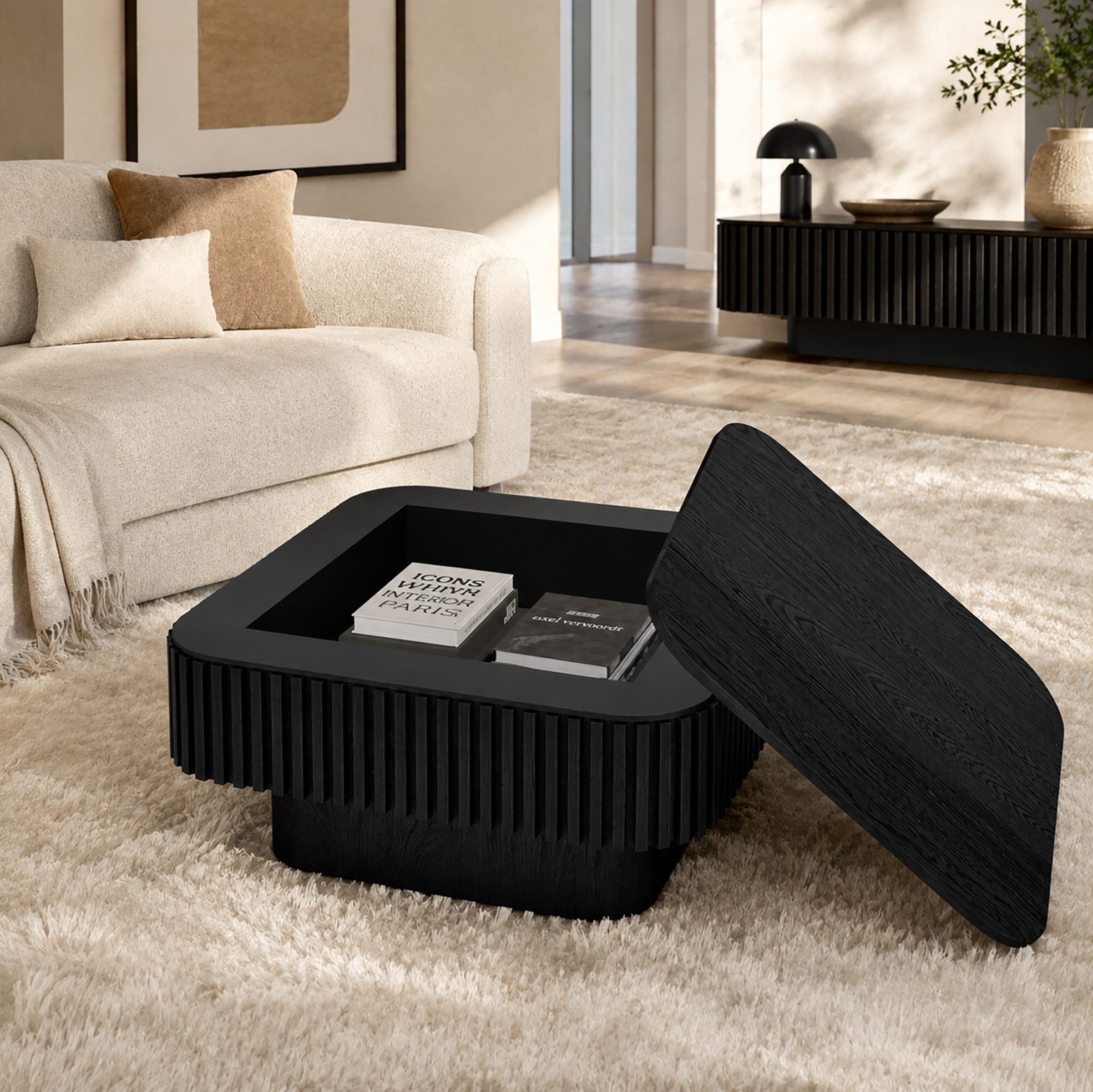 REDOM Couchtisch Beistelltisch 75 cm quadratisch Schwarz Optik mit Stauraum (Packung, 1-St., Wohnzimmertisch für Schlafzimmer Büro und Wohnbereich Zuhause), Kaffeetisch mit verstecktem Fach und moderner Holzoptik