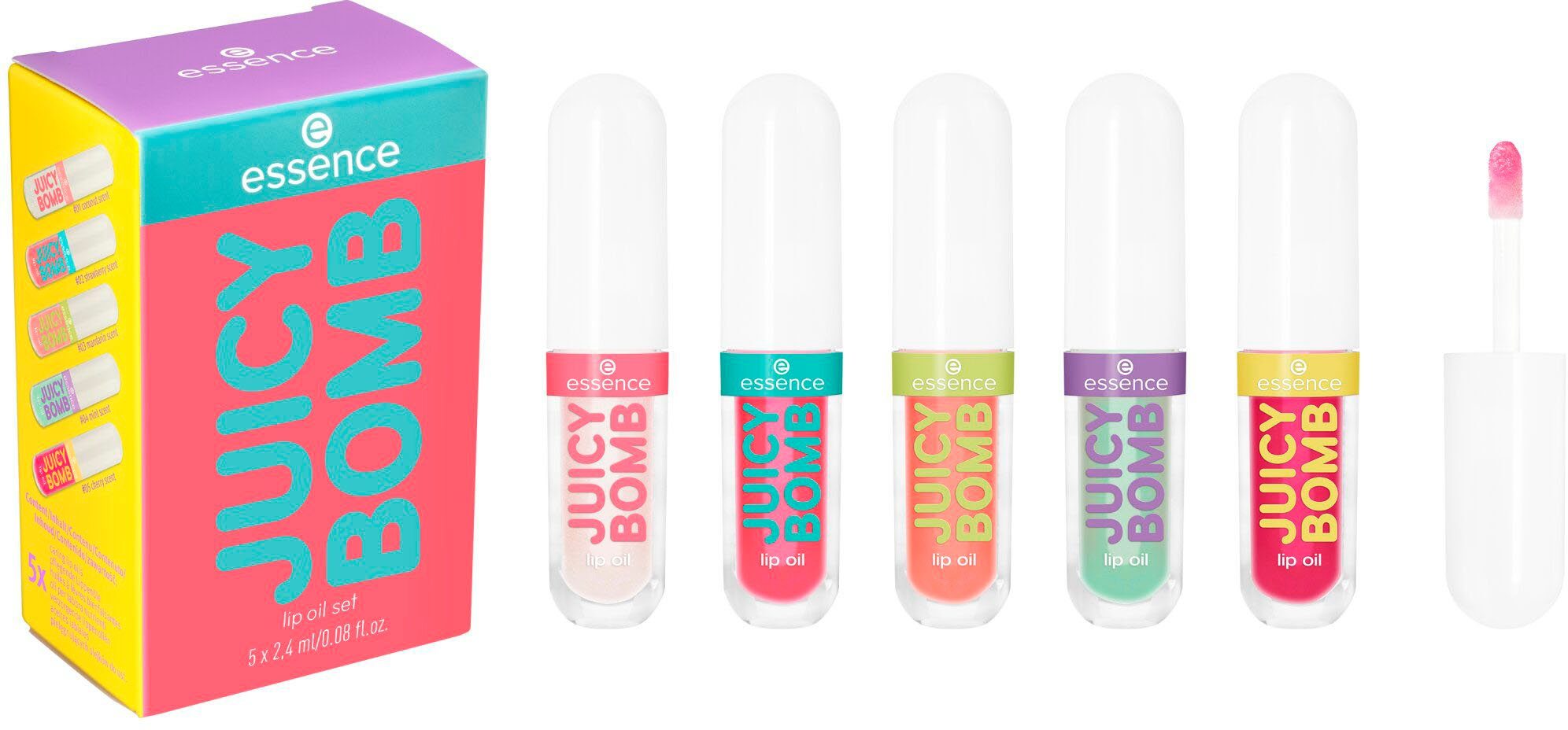 Essence Lippenpflege-Set JUICY BOMB LIP OIL SET, 5-tlg., mit 5 unterschiedlichen Lip Oils für glossy Lippen