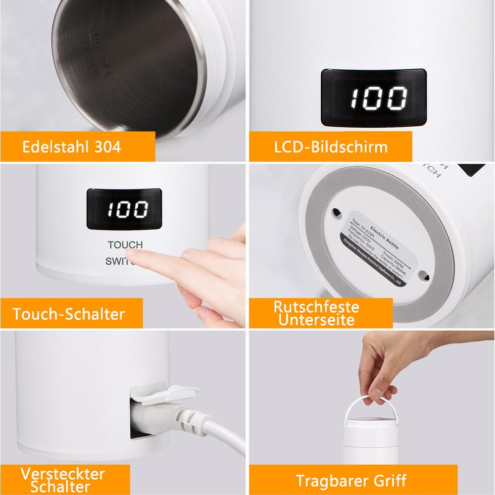 TUWENA Wasserkocher Elektrischer Wasserkocher Klein 500ML, 3 in 1 Elektrische Wassertasse, Heizbecher mit Temperatureinstellung für Reise mit Bürsten und Tasche – Bild 5 von 5